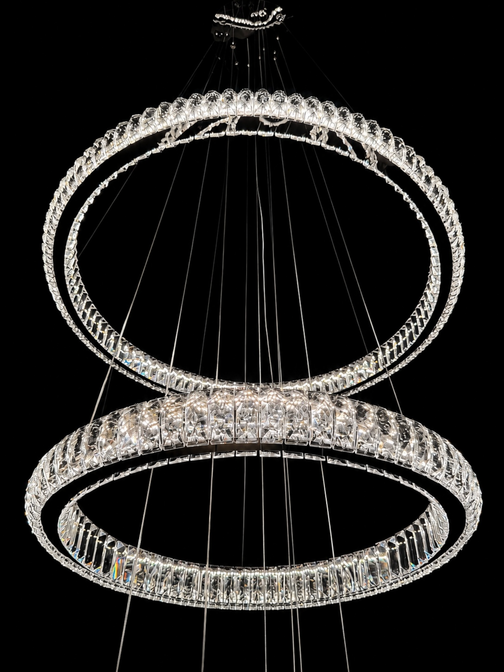 Close Up View of Chrome Crystal Ring LED Chandelier with Premium K9 Crystals and Adjustable Suspension Cables