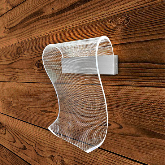 White mesh wall-mounted light fixture on a wooden background