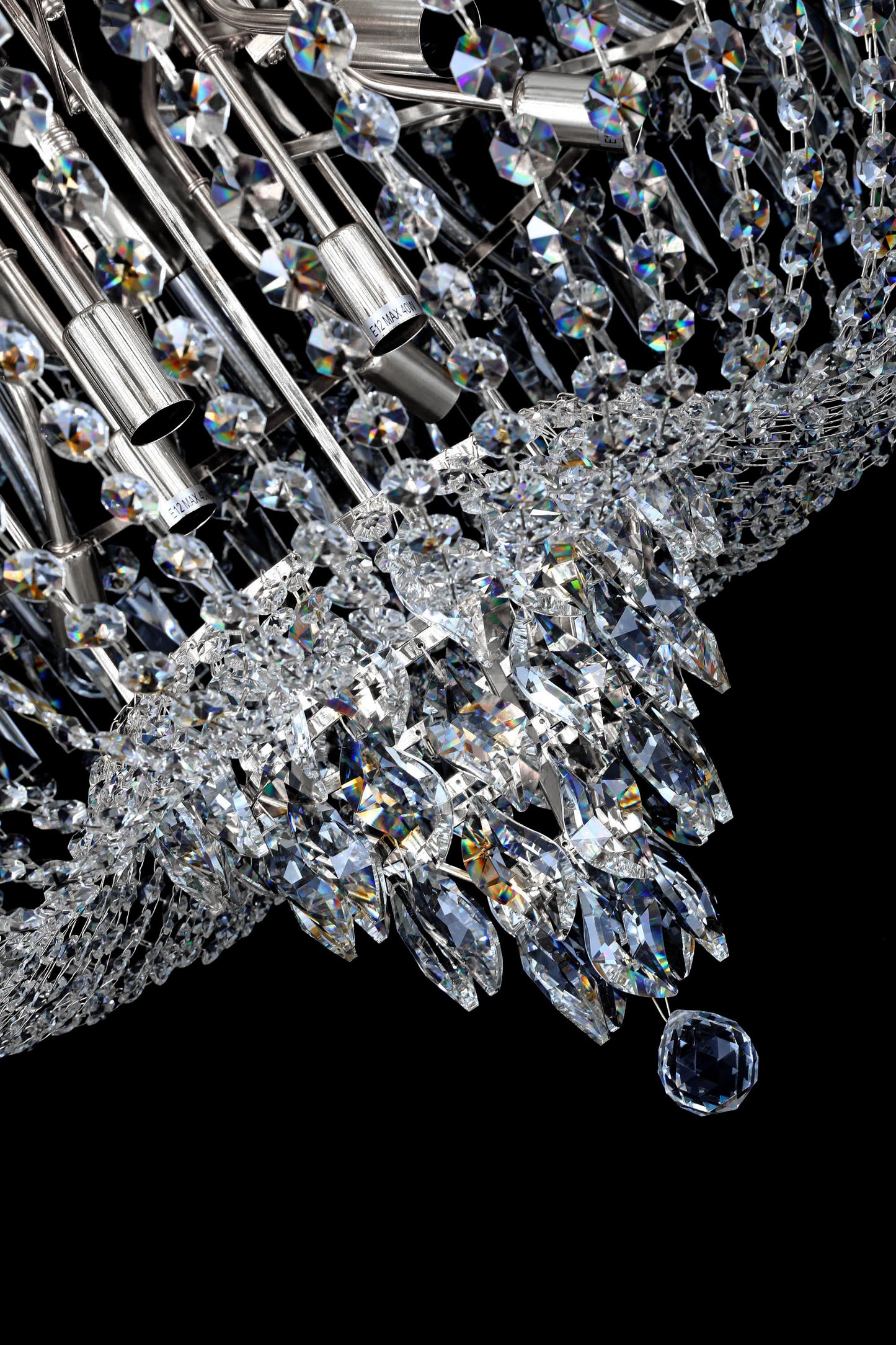 Bottom view of multi-tier chrome crystal chandelier with cascading crystal strands