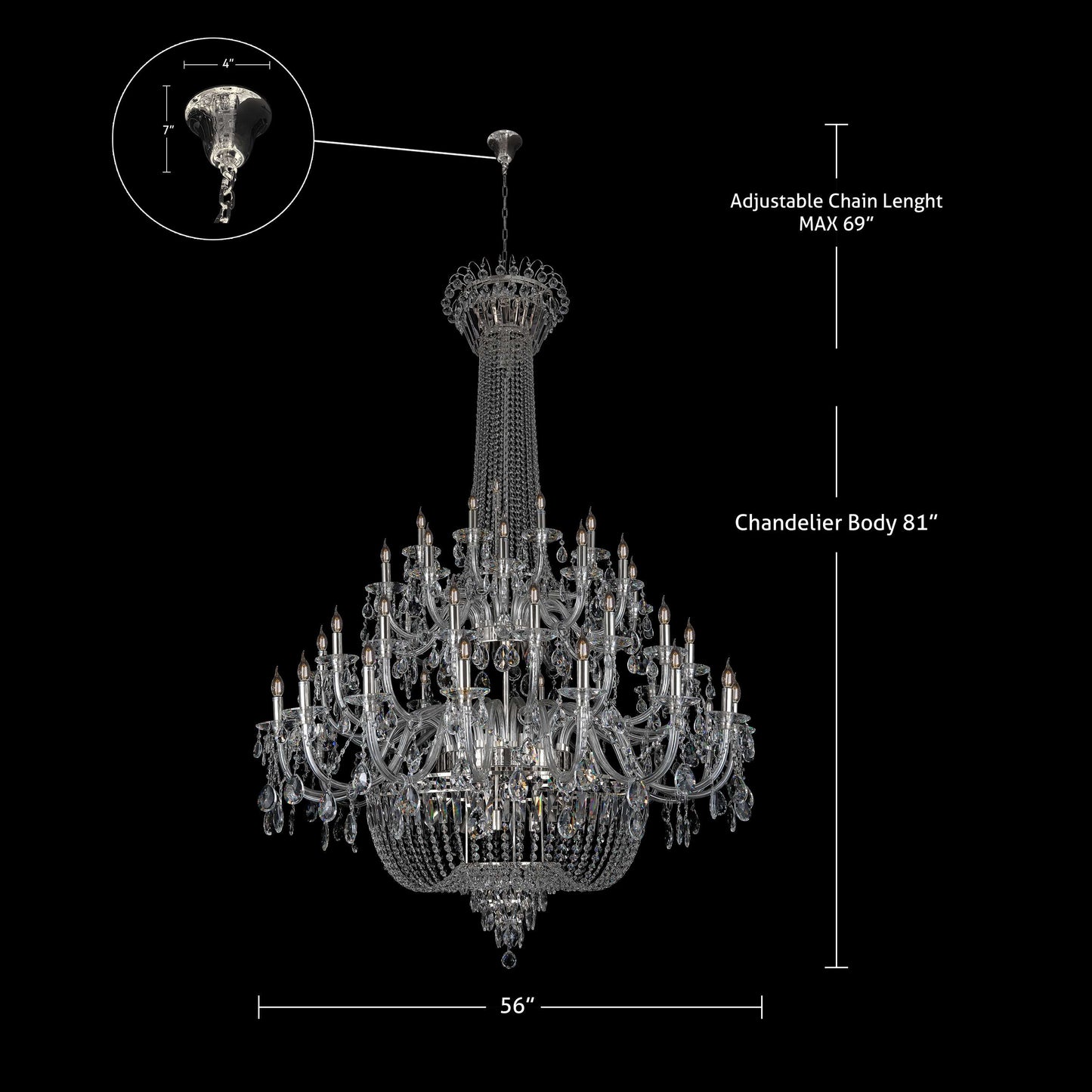 Detailed dimensions of chrome empire crystal chandelier with grand multi-tier design