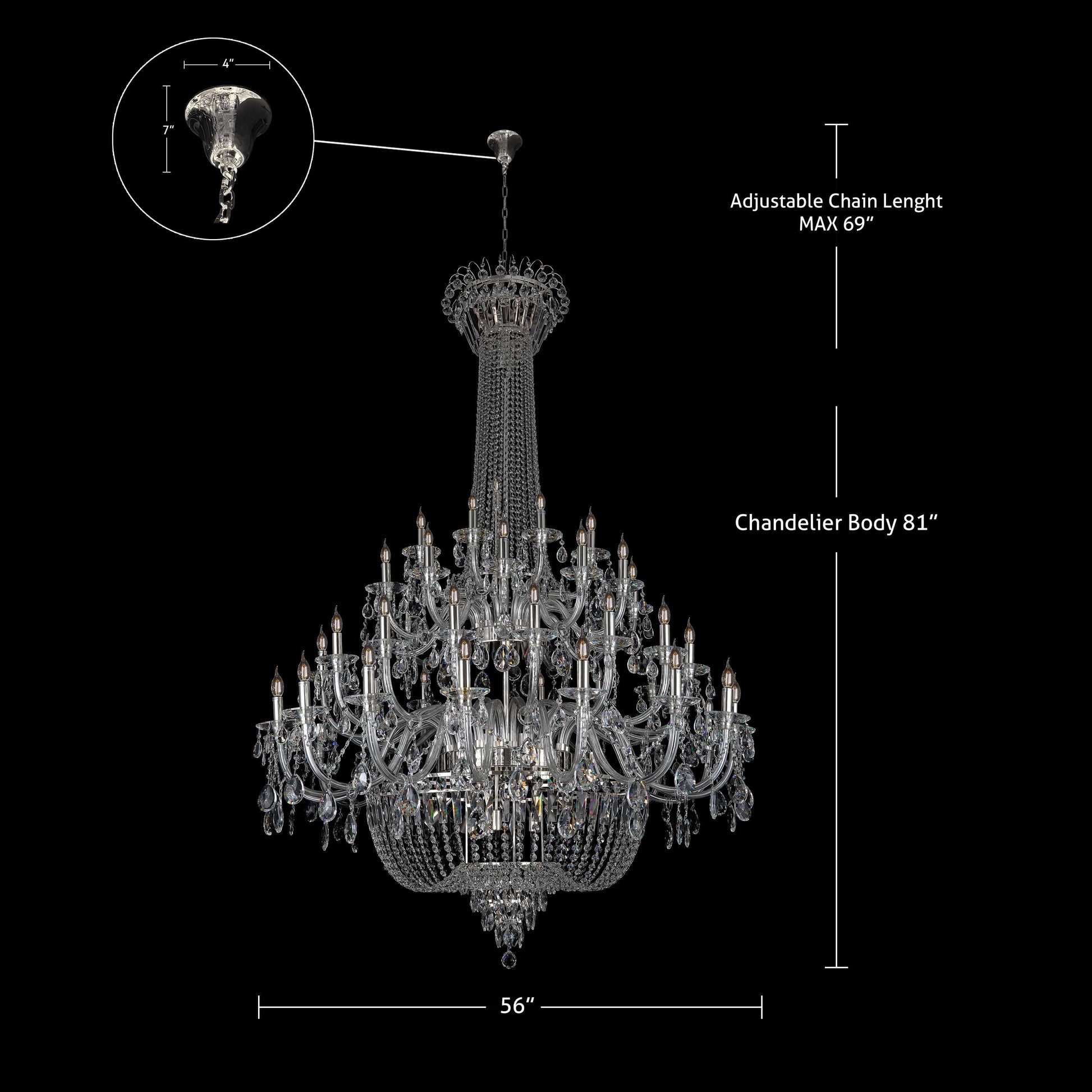 Detailed dimensions of chrome empire crystal chandelier with grand multi-tier design