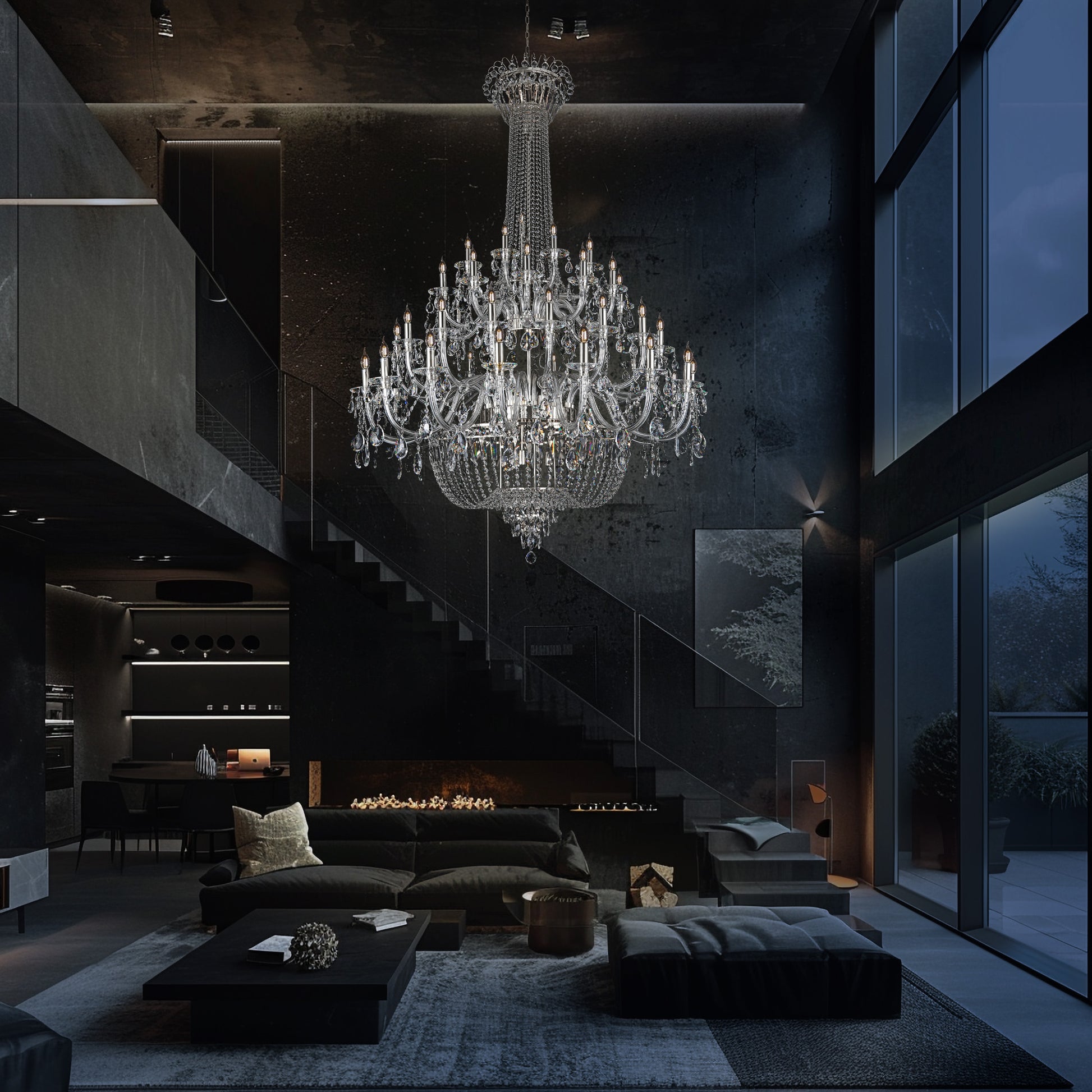Luxury chrome crystal chandelier illuminating a grand living room with floor-to-ceiling windows