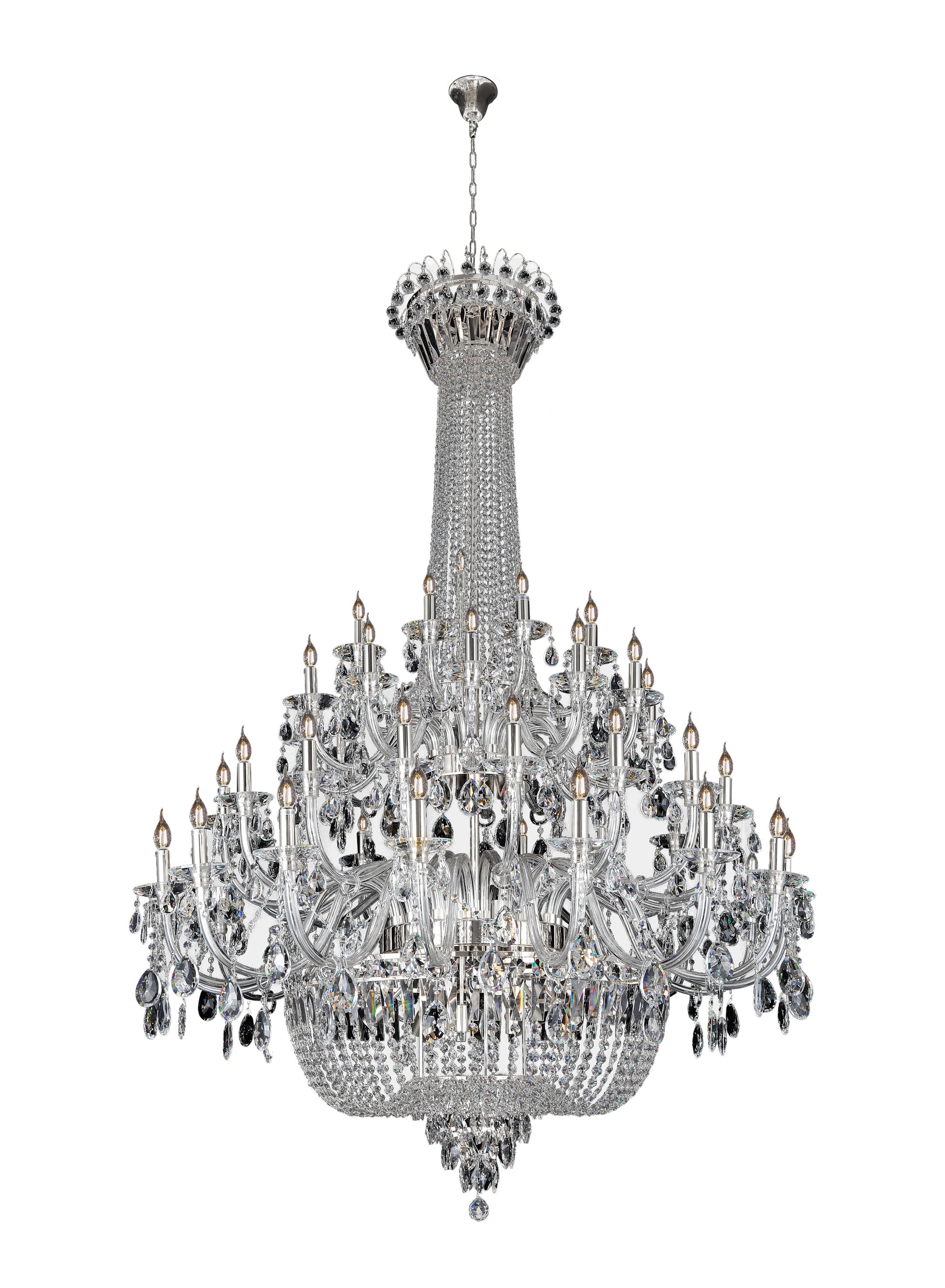 Full view of luxury chrome empire crystal chandelier with tiered crystal arms and elegant symmetry