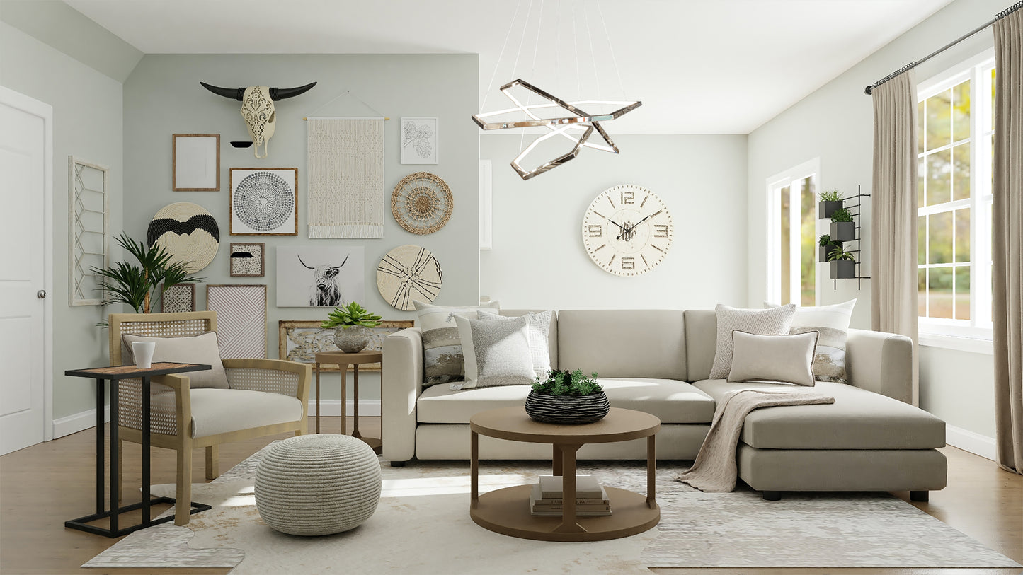 Geometric chrome LED chandelier lighting a bright living space
