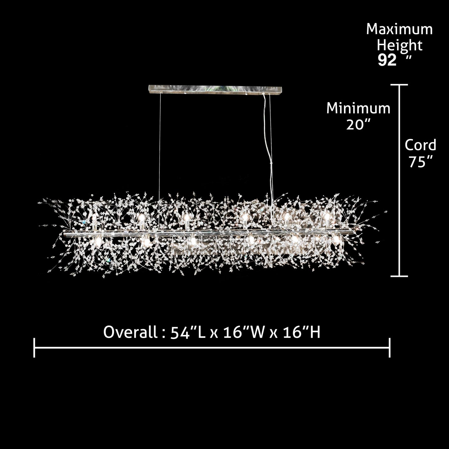 Dimensions of chrome linear starburst chandelier with adjustable hanging cables