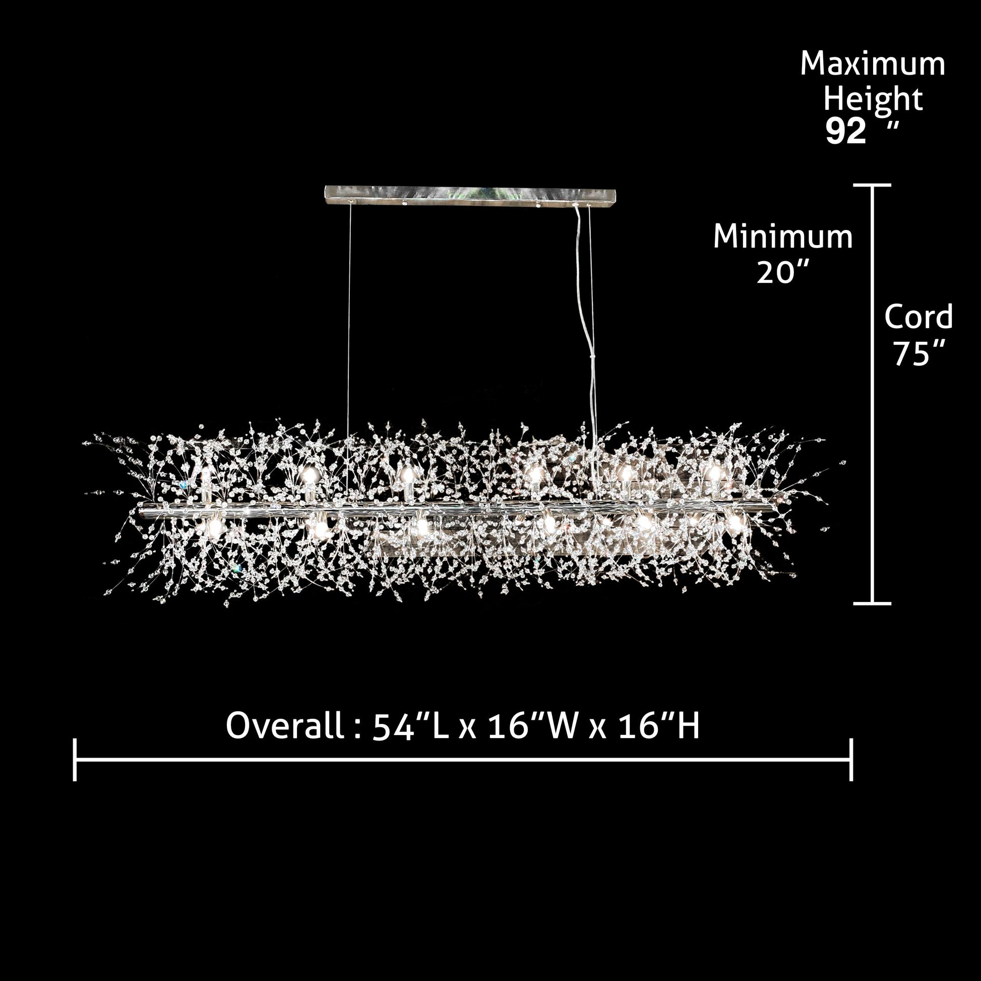 Dimensions of chrome linear starburst chandelier with adjustable hanging cables