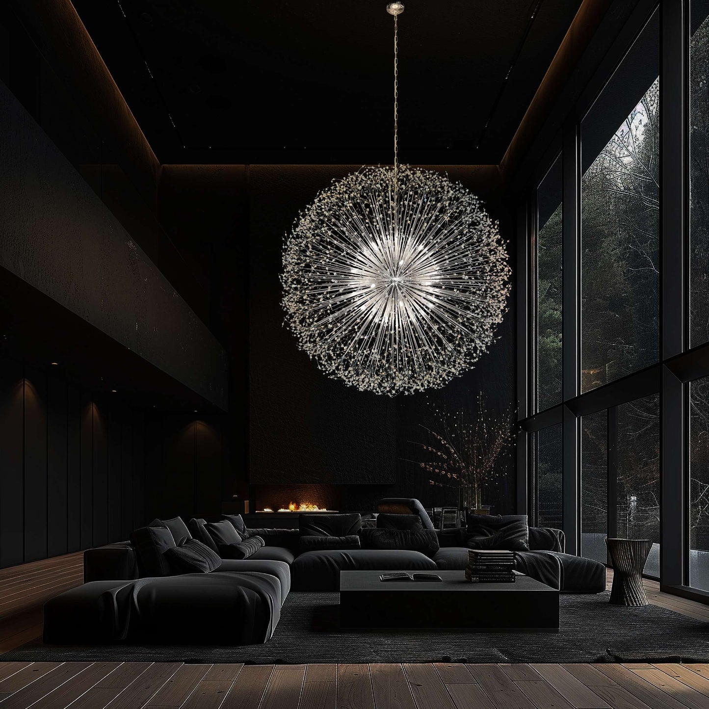  Chrome starburst chandelier illuminating modern living room interior