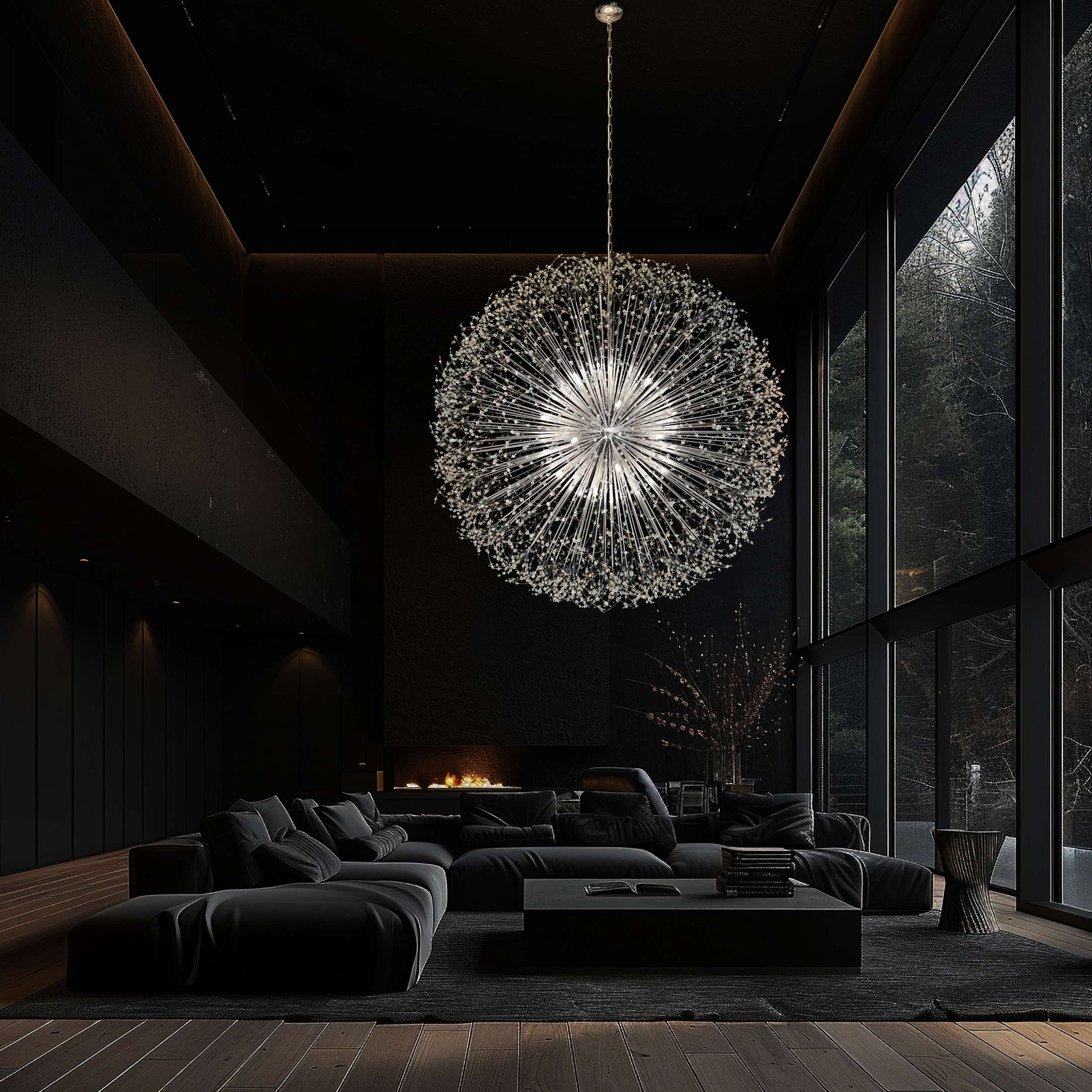  Chrome starburst chandelier illuminating modern living room interior