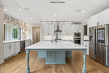 54inch Dimmable chrome linear chandelier over kitchen island