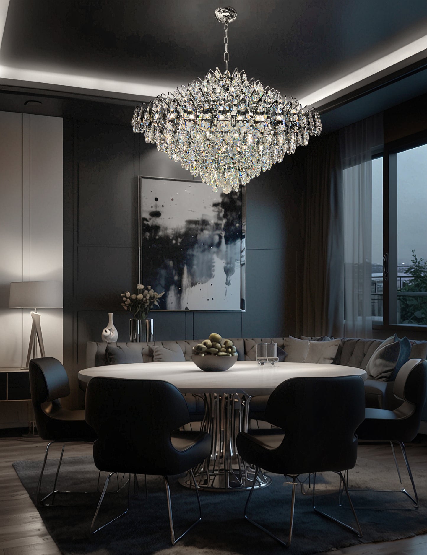 Elegant 31” Chrome Teardrop Crystal Chandelier illuminating a modern dining room with timeless brilliance.
