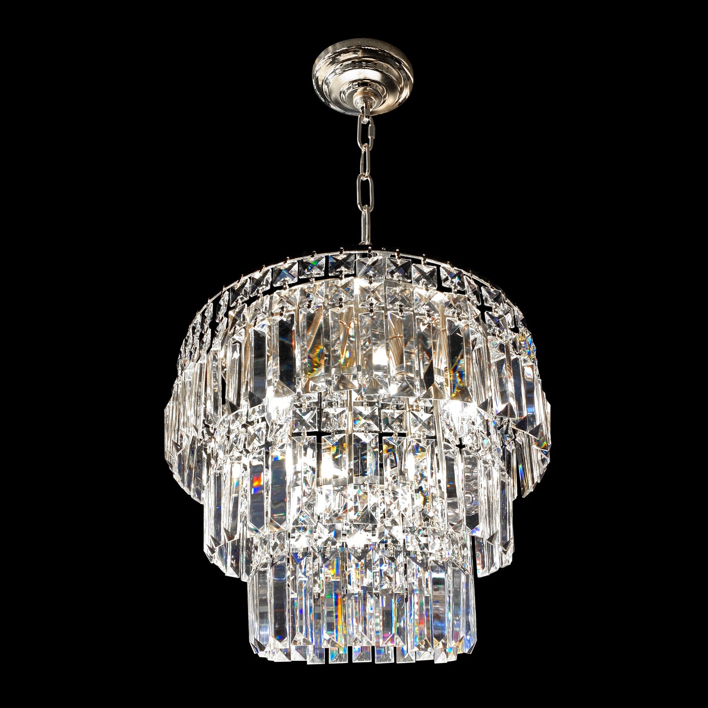 Chrome tiered crystal chandelier with polished finish and cascading tiers