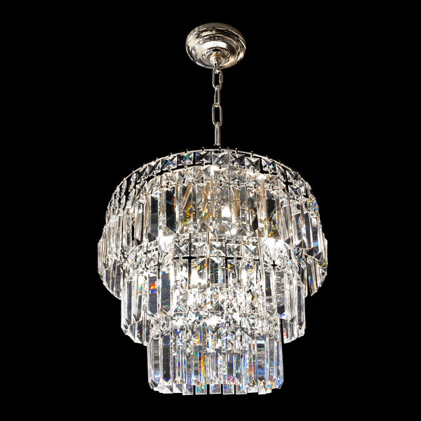 Chrome tiered crystal chandelier with polished finish and cascading tiers