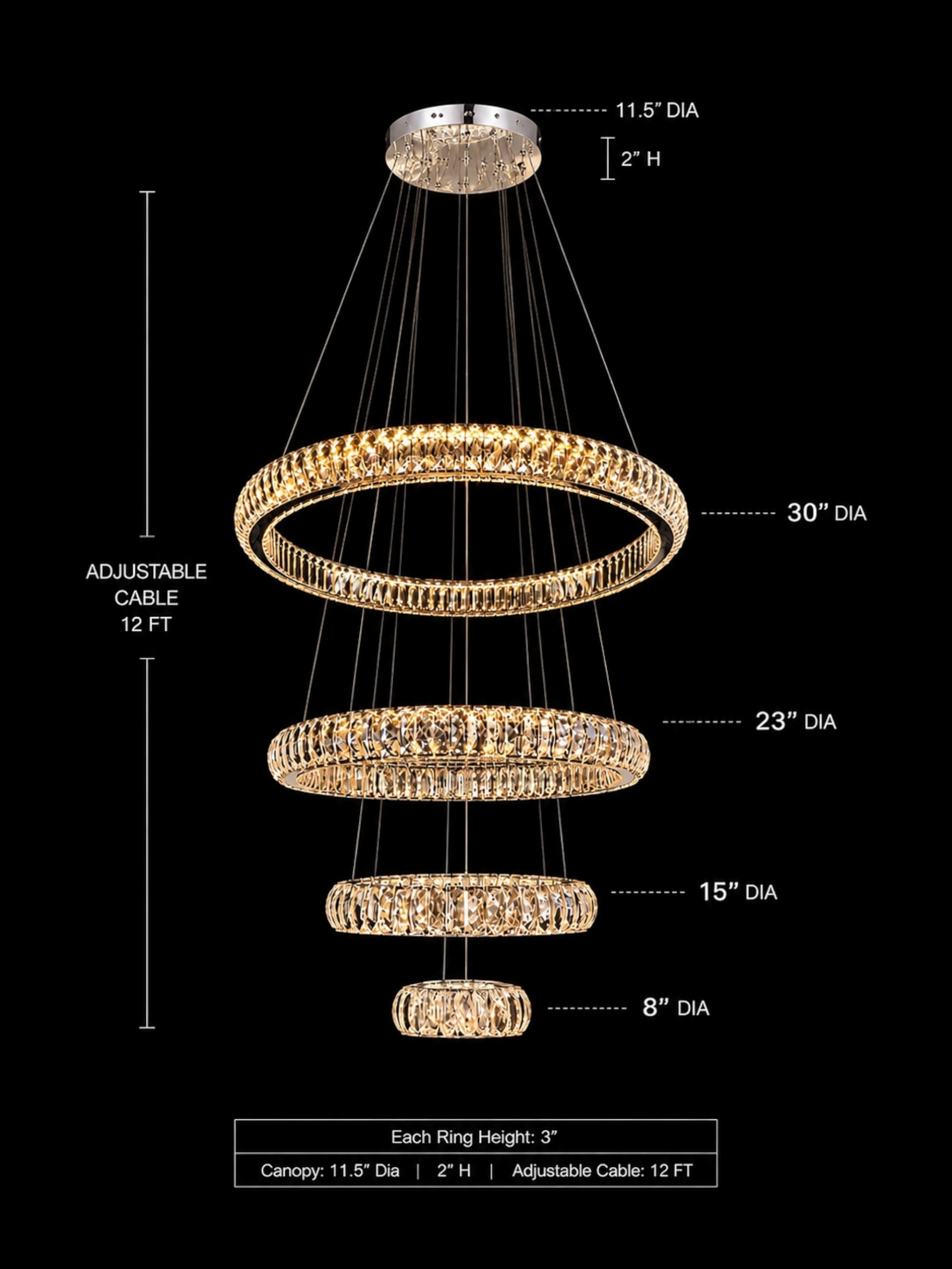Chrome Crystal Ring Chandelier Size Guide with 30 23 15 8 Inch Rings 11.5 Inch Canopy and 12 Foot Adjustable Suspension Cabled