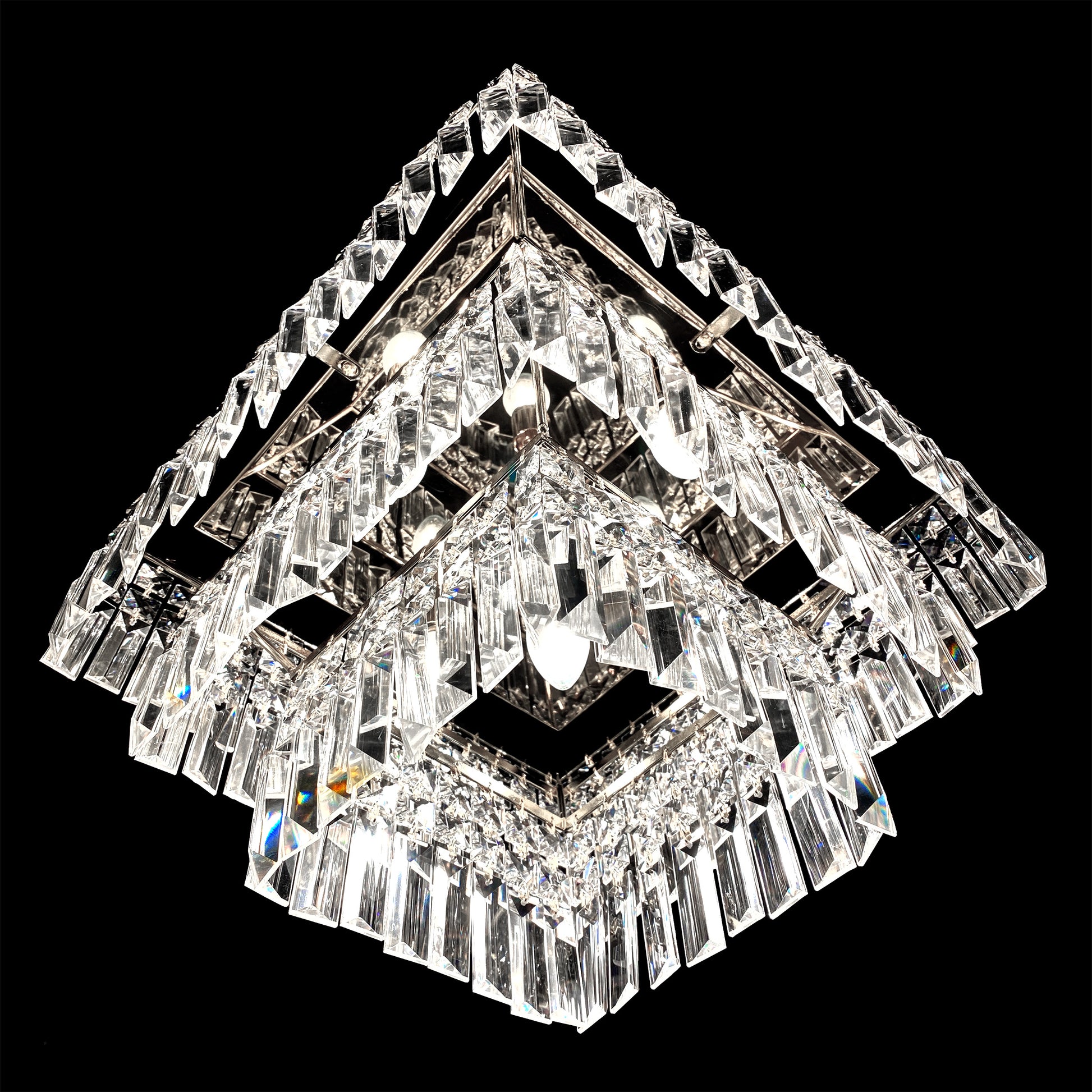 Bottom angle view of chrome 3 tier crystal chandelier prisms