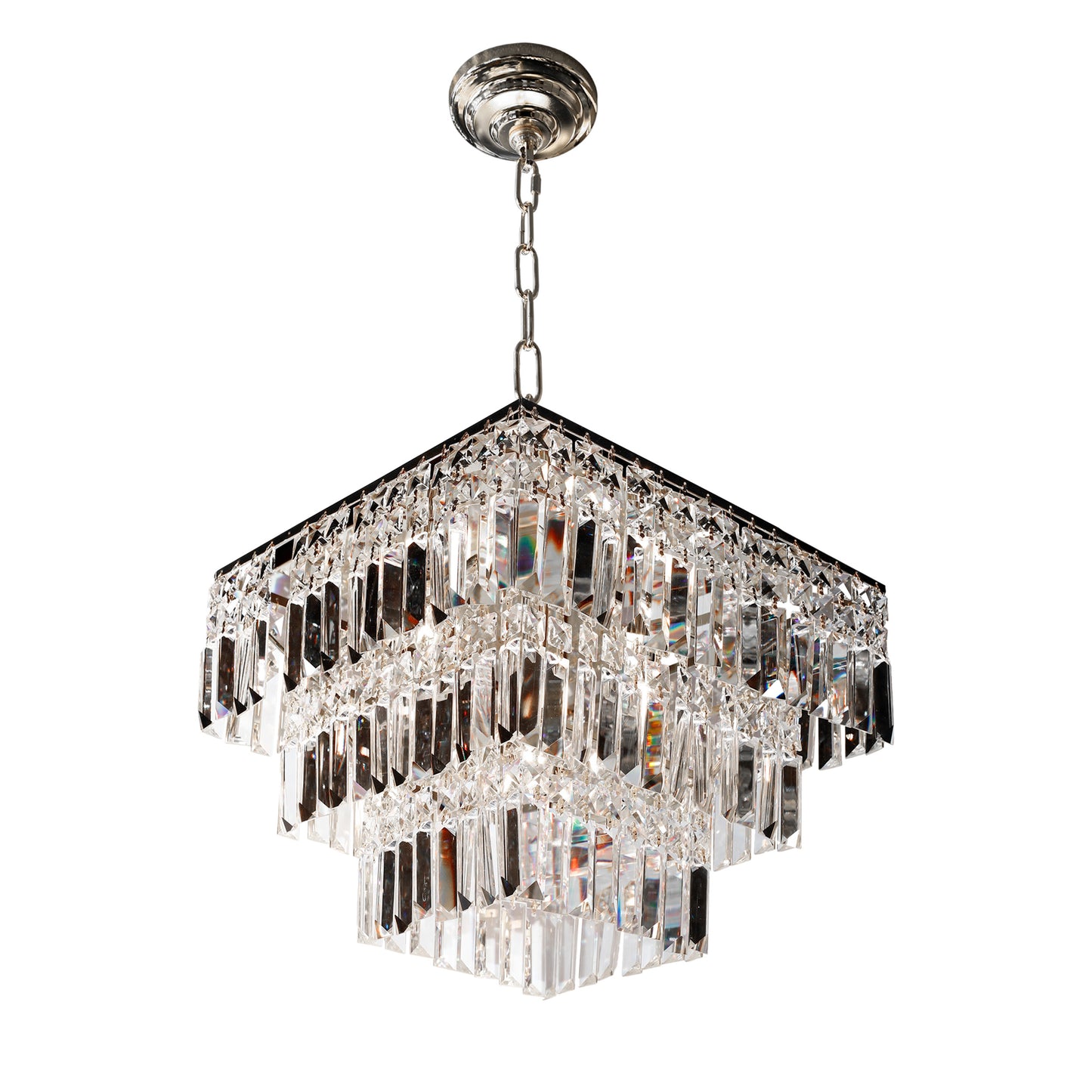 chrome 3 tier crystal chandelier displayed in elegant interior