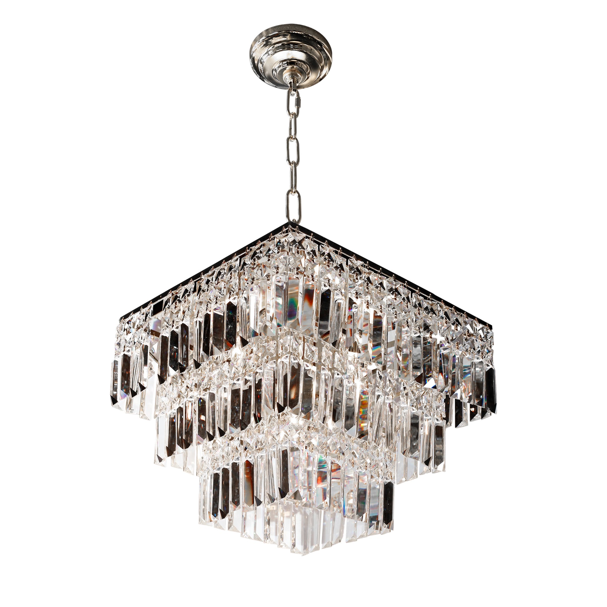 chrome 3 tier crystal chandelier displayed in elegant interior