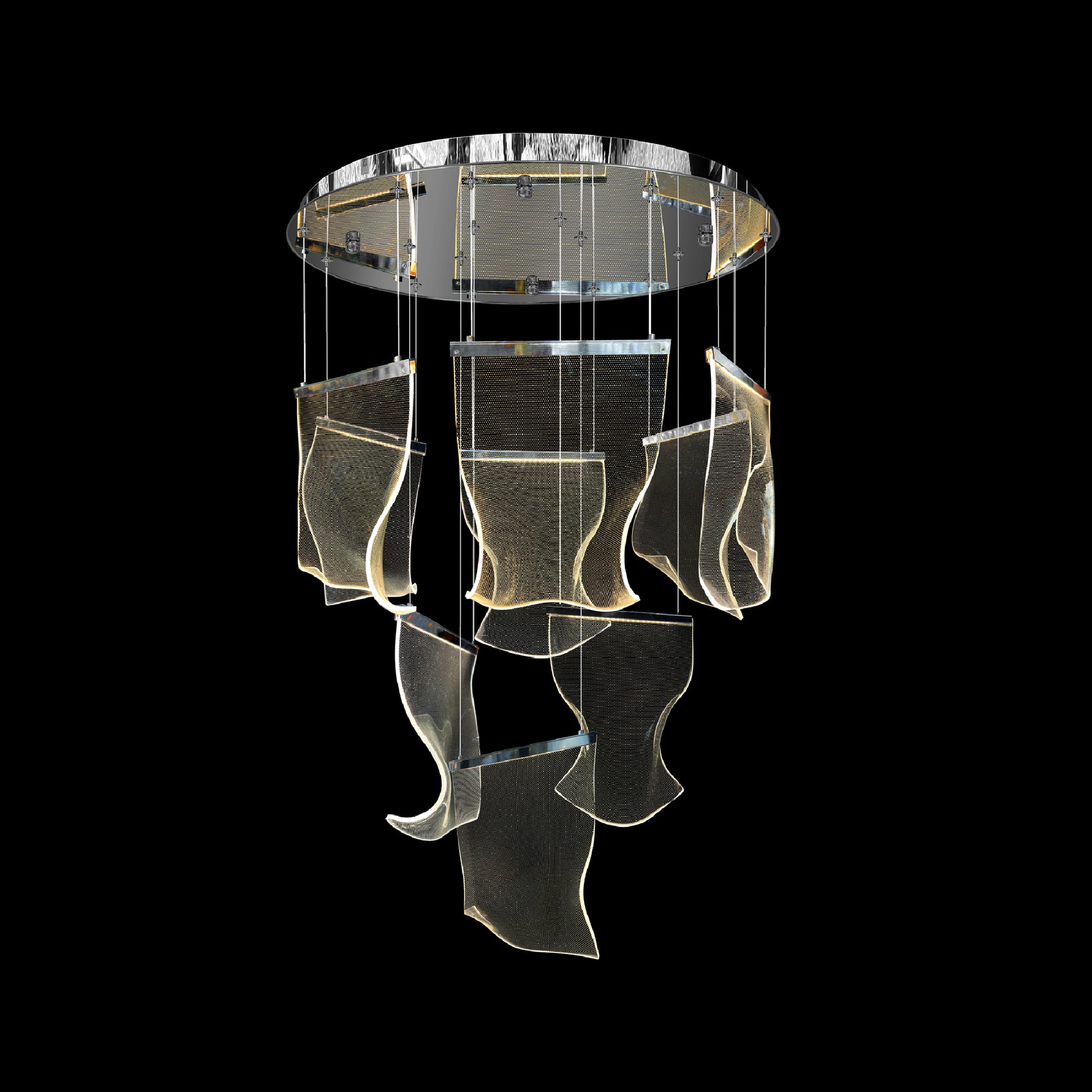 Chrome LED chandelier with sculptural wave panel design
