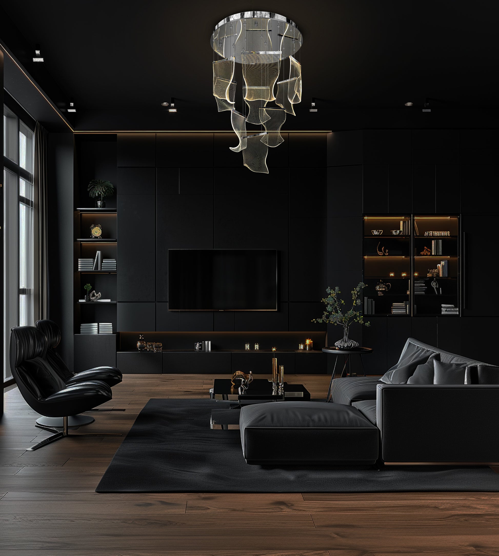  Chrome LED chandelier flush mount in luxury living room interior
