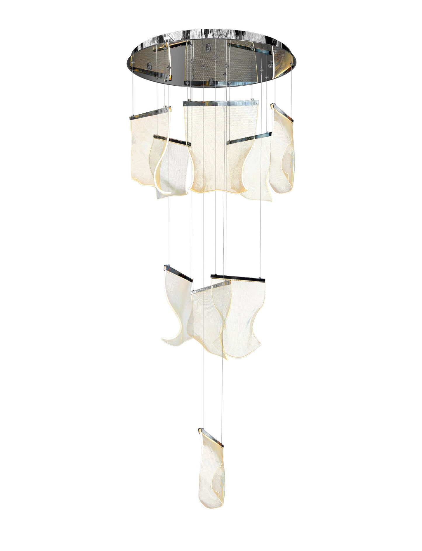 Close-up of acrylic wave panel on Chrome LED chandelier