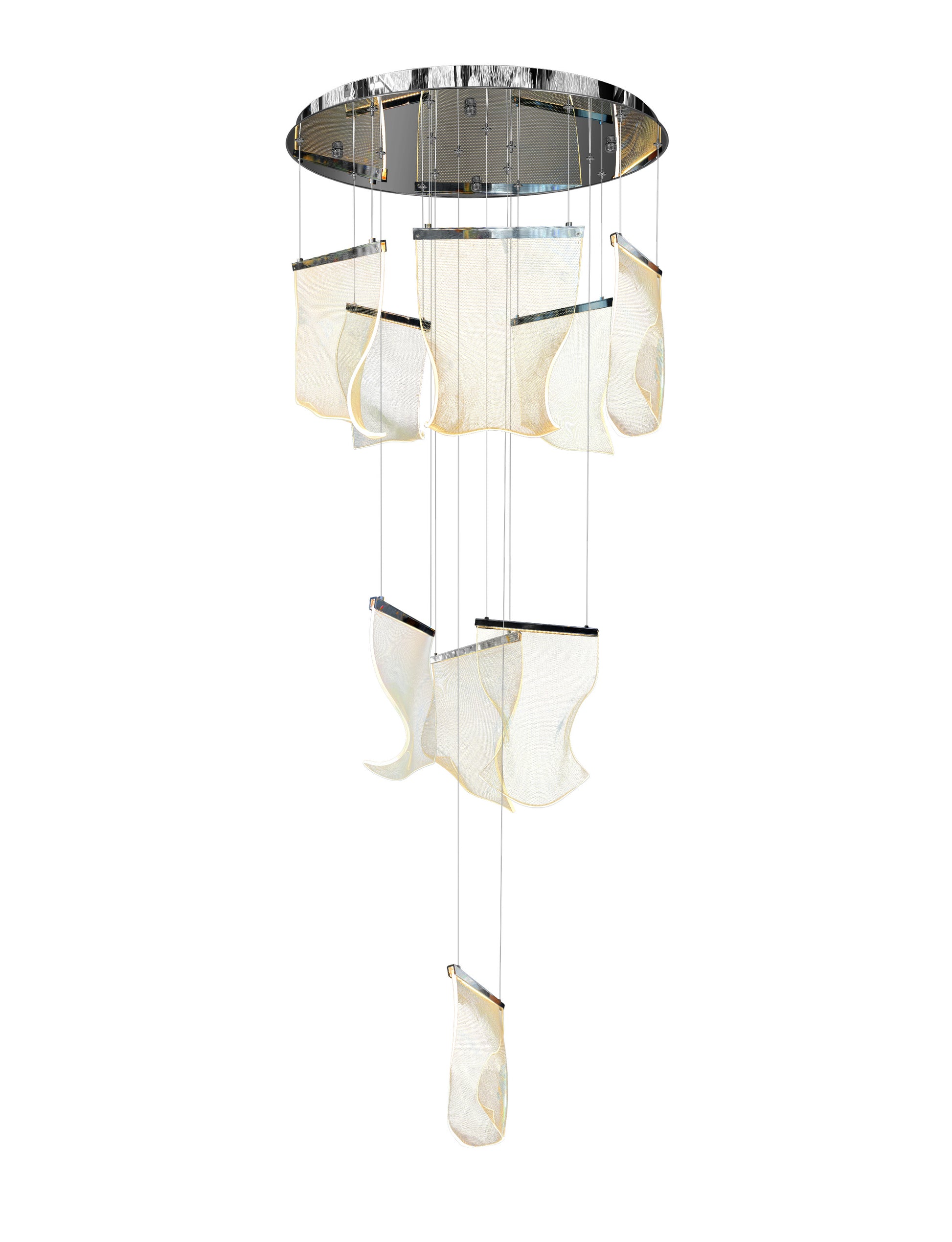 Close-up of acrylic wave panel on Chrome LED chandelier