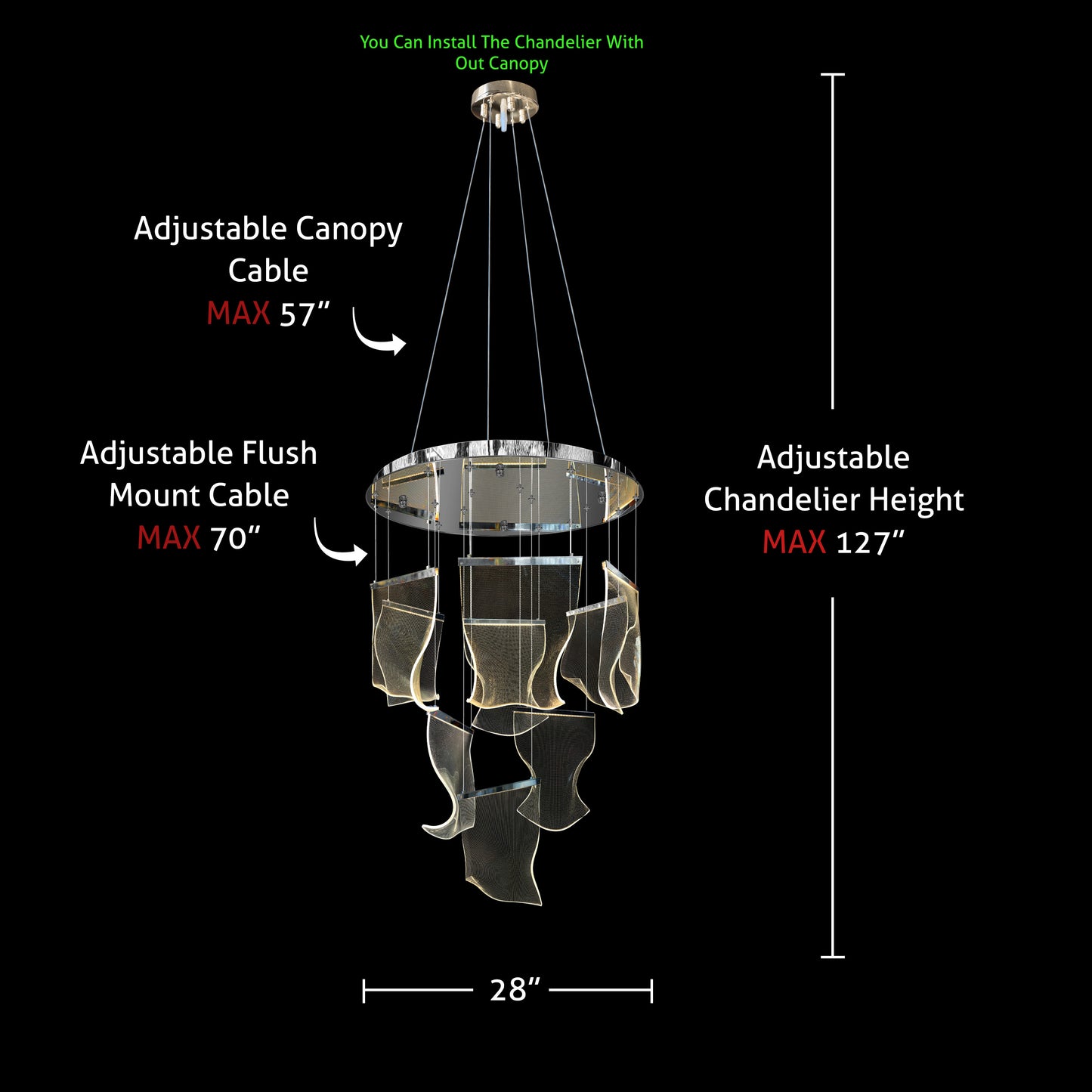 Chrome LED chandelier with adjustable height and canopy cable measurements