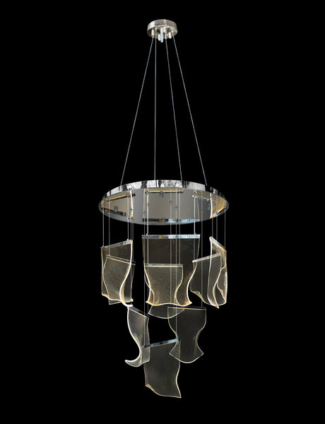 Chrome LED chandelier hanging ceiling with sculptural wave panel design
