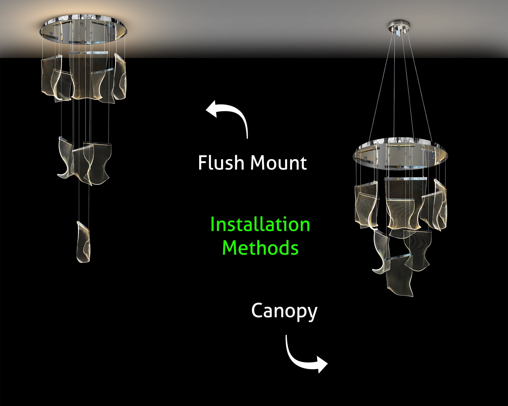 Installation options for Chrome LED chandelier showing flush mount and canopy suspension