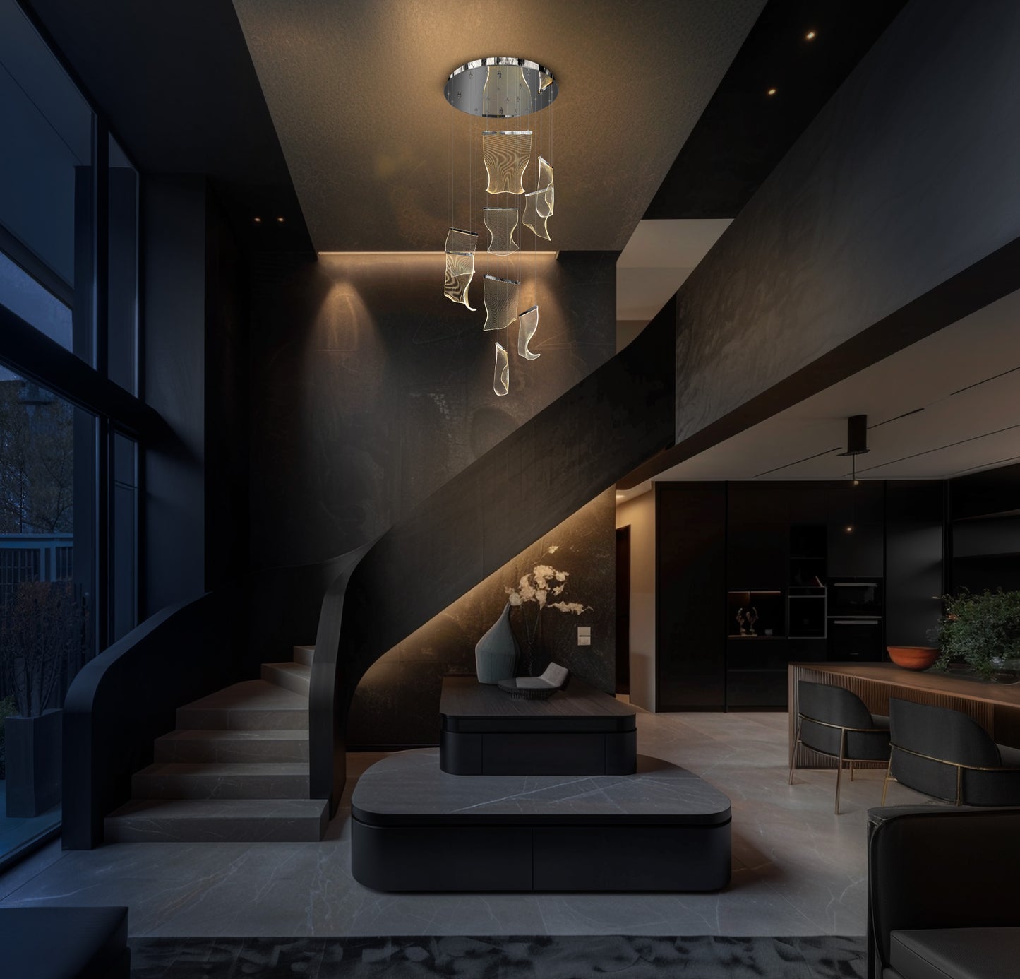 Chrome LED chandelier dimmable  installed in modern staircase interior