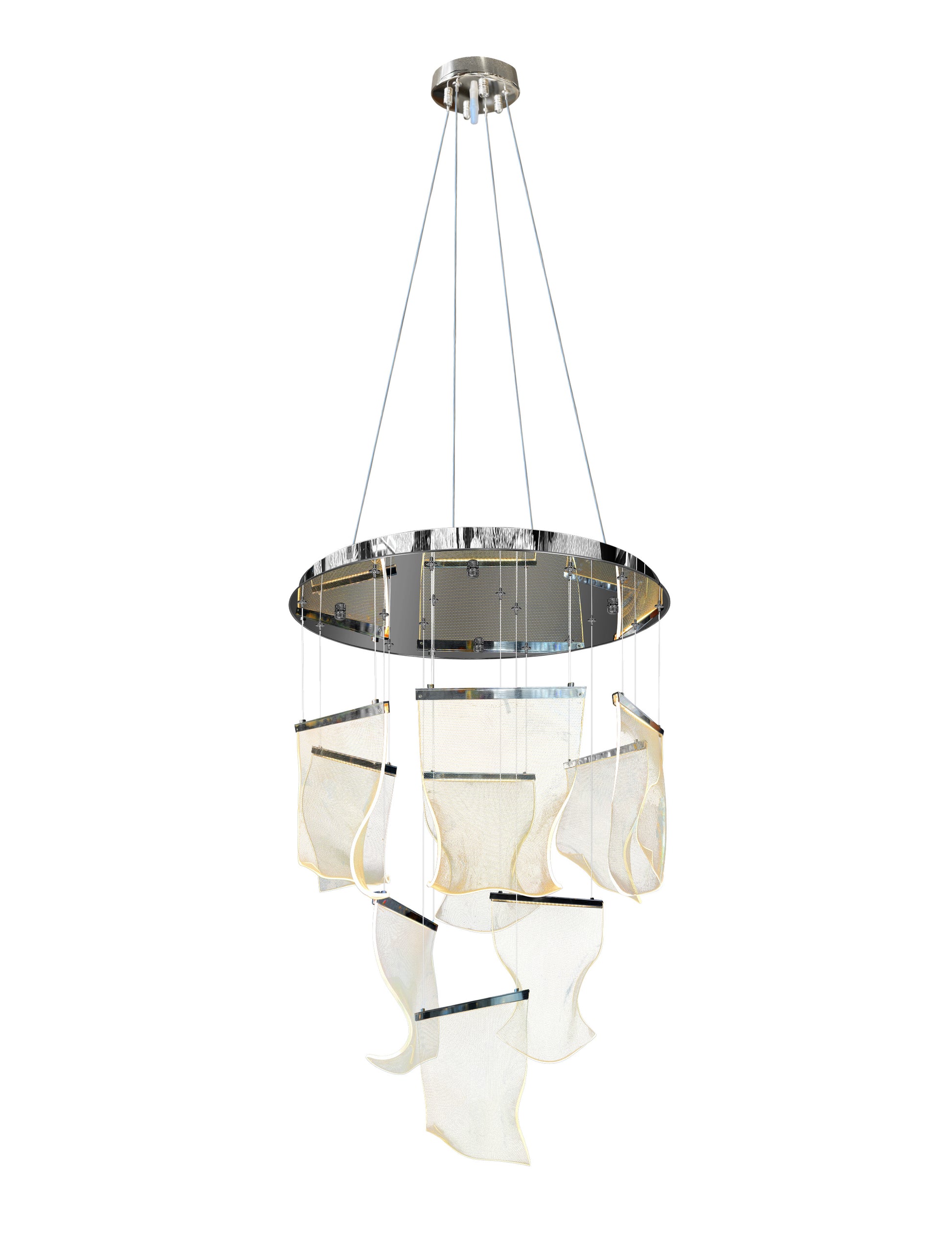 Full hanging view of Chrome LED chandelier with adjustable cables