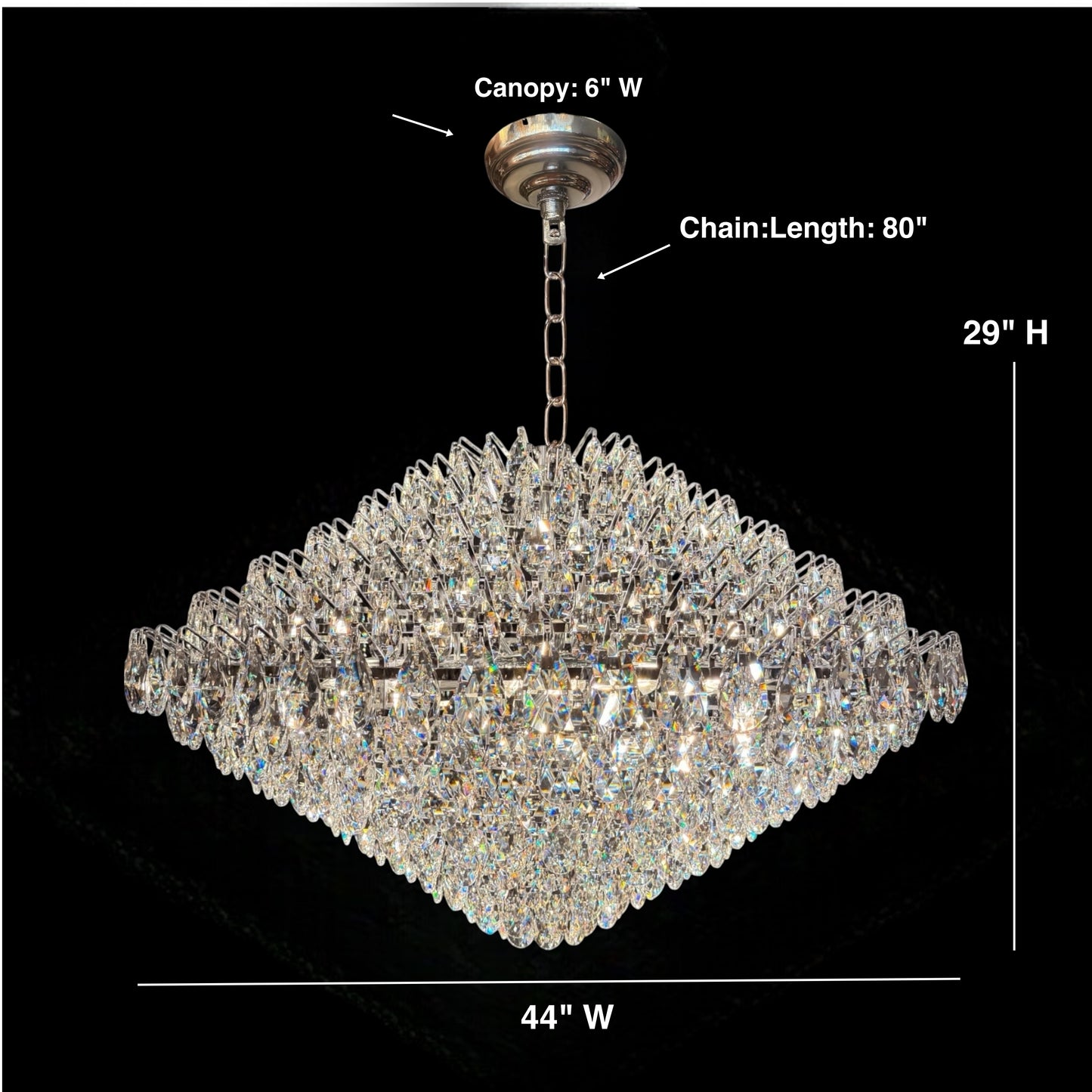 A large diamond teardrop -shaped crystal chandelier diagram showing dimensions with 44 inches width, 29 inches height, 80 inches chain length, and 6 inches canopy width.
