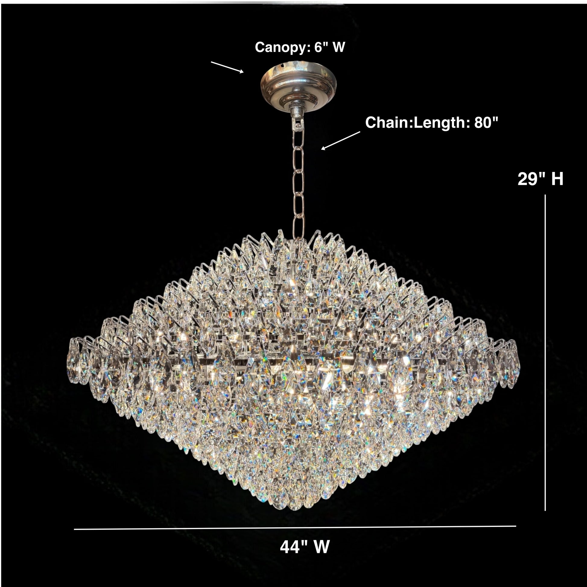 A large diamond teardrop -shaped crystal chandelier diagram showing dimensions with 44 inches width, 29 inches height, 80 inches chain length, and 6 inches canopy width.