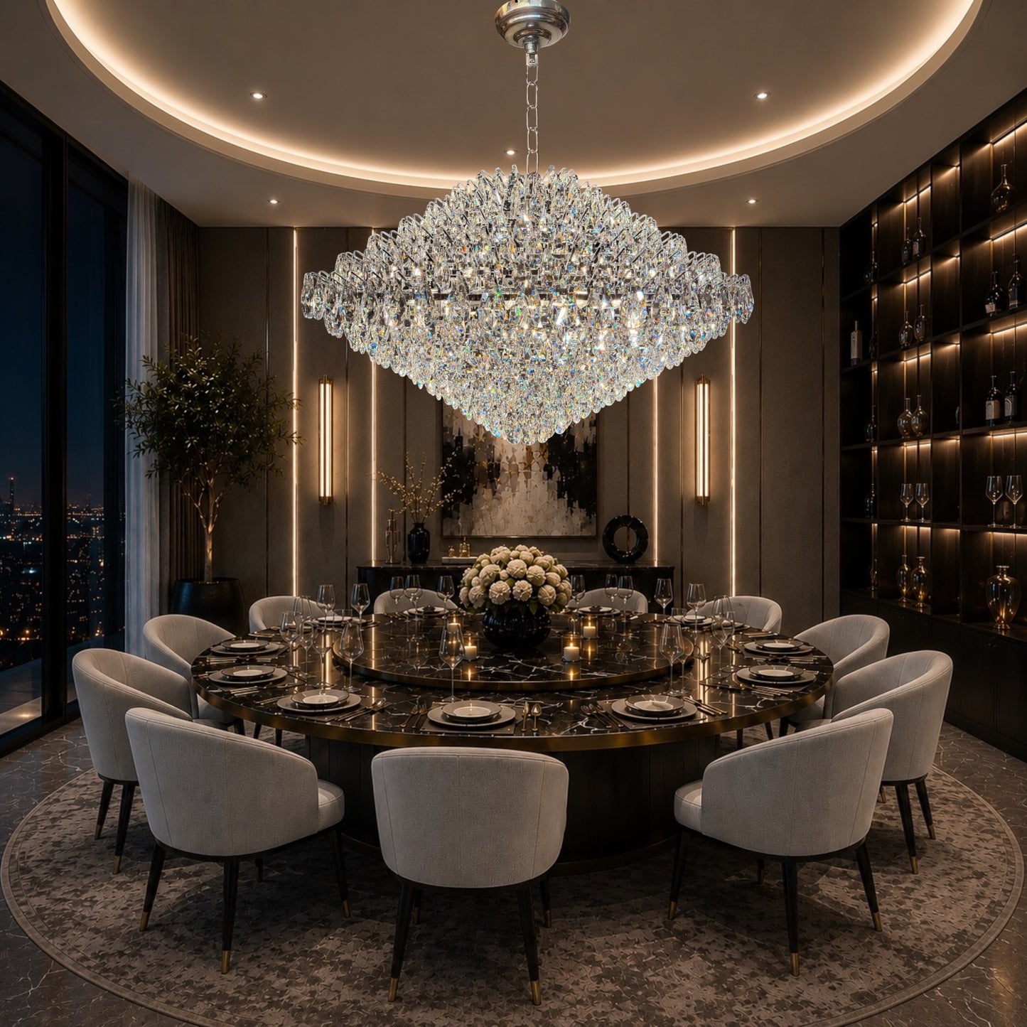 Luxurious dining room featuring a large diamond-shaped crystal chandelier hanging above a grand round dining table with modern velvet chairs.