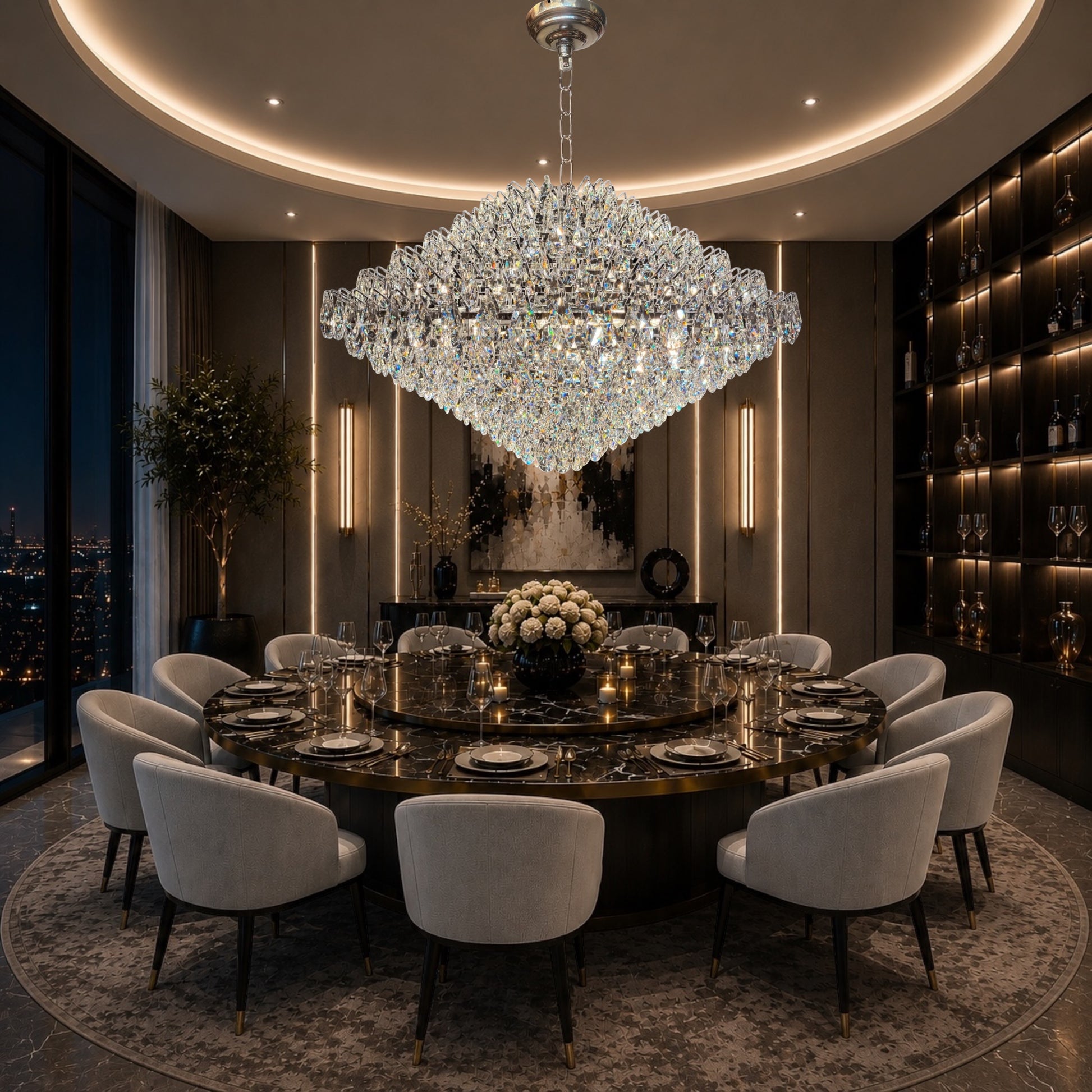 Luxurious dining room featuring a large diamond-shaped crystal chandelier hanging above a grand round dining table with modern velvet chairs.