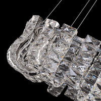 Close-up view of premium K9 crystal detailing on the luxury chrome chandelier showing clarity and brilliance.
