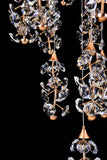 Close-up of crystal clusters on modern LED cascading chandelier