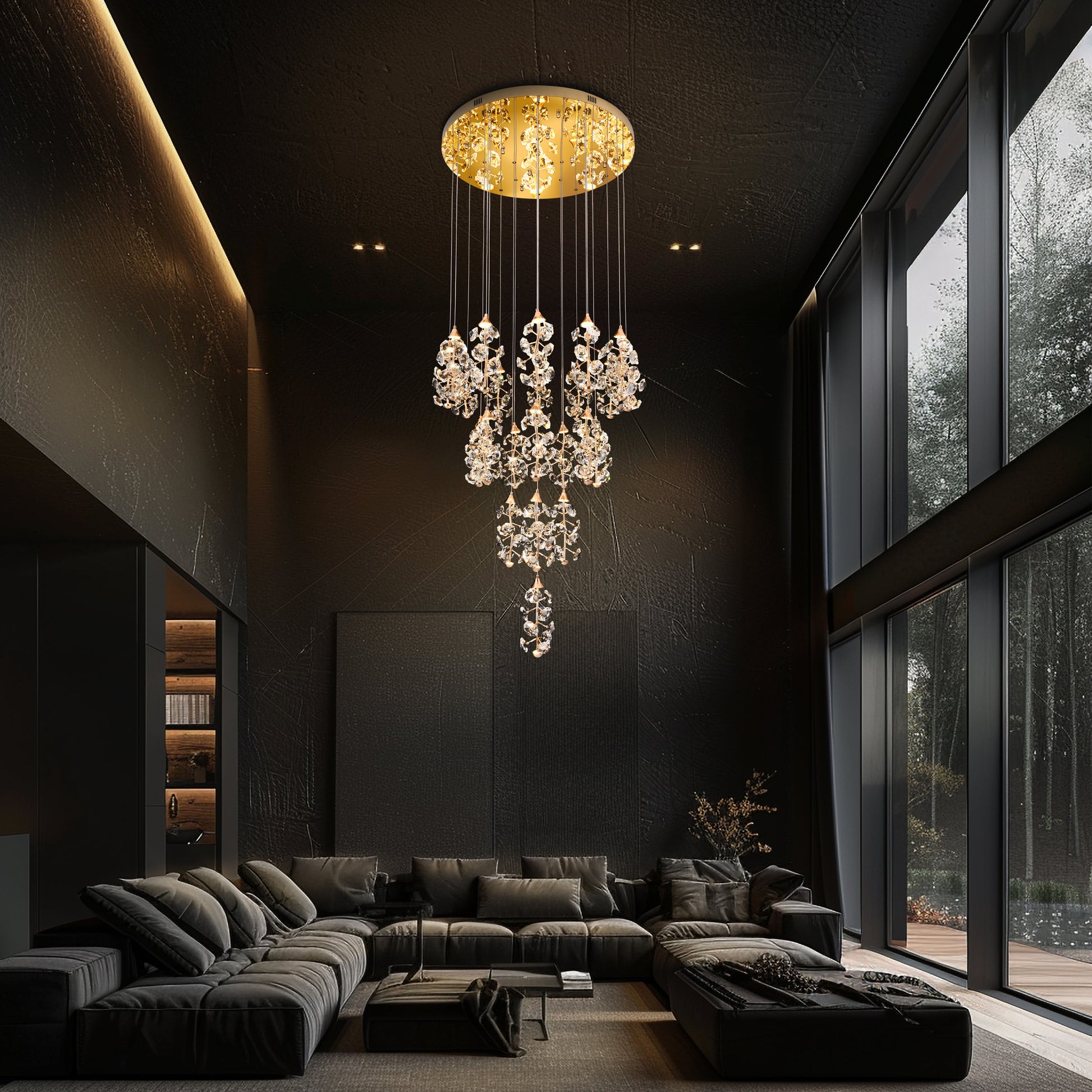 Luxury 23 light cascading dimmable LED crystal chandelier installed in high ceiling living room