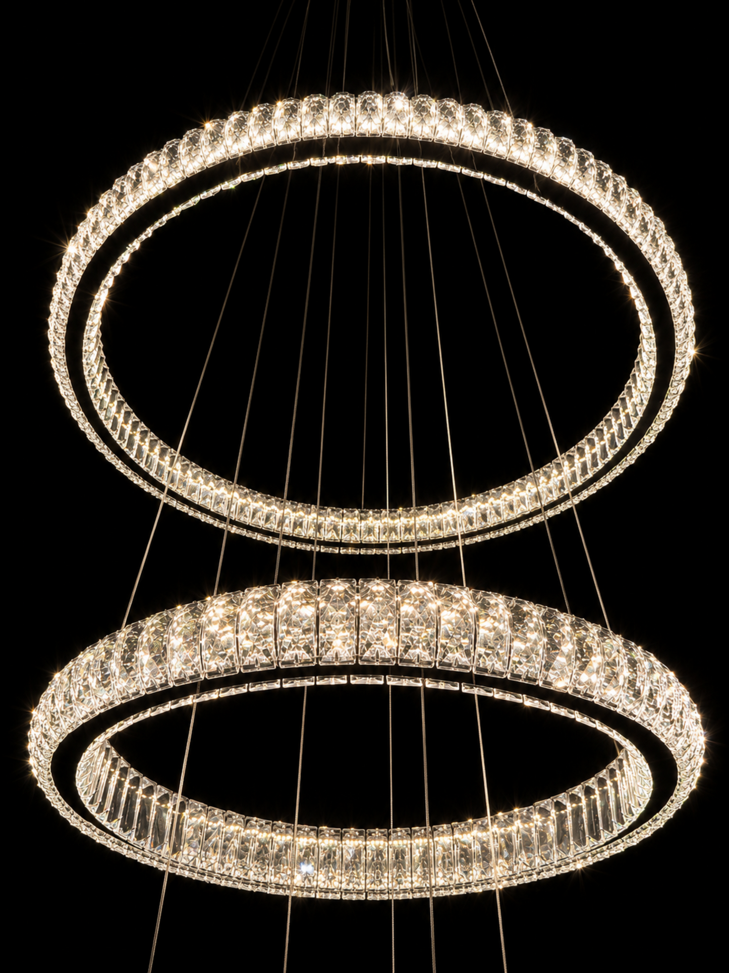 Close-up detail of crystal LED ring chandelier craftsmanship
