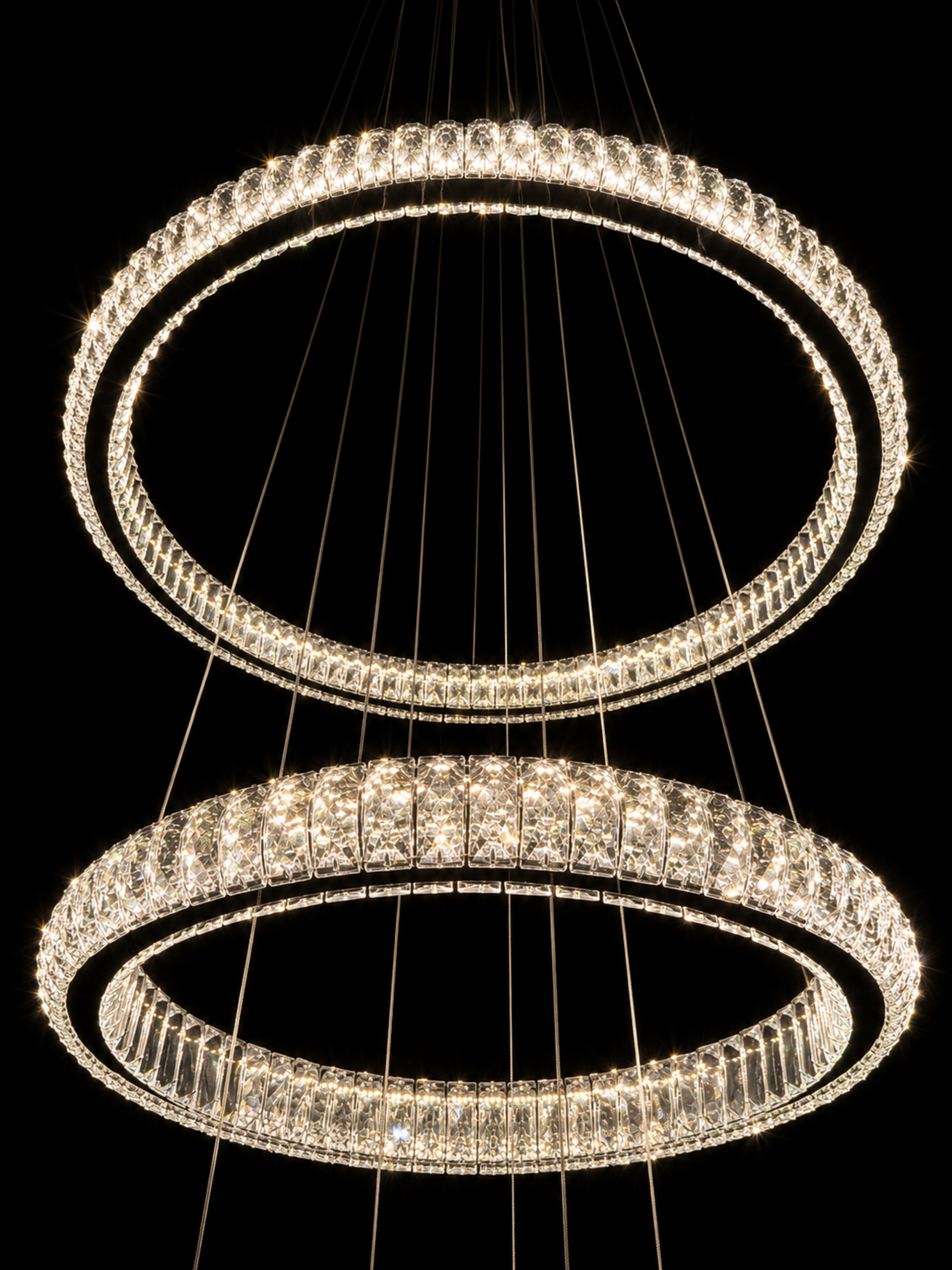 Close-up detail of crystal LED ring chandelier craftsmanship
