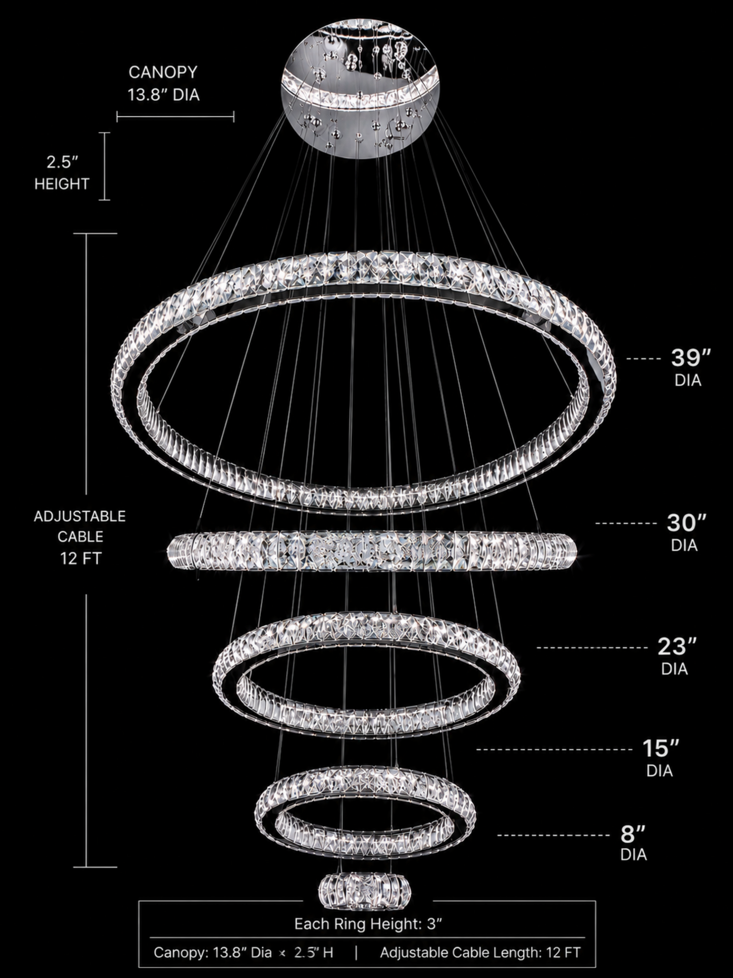 Silver crystal ring chandelier dimensions and suspension configuration

