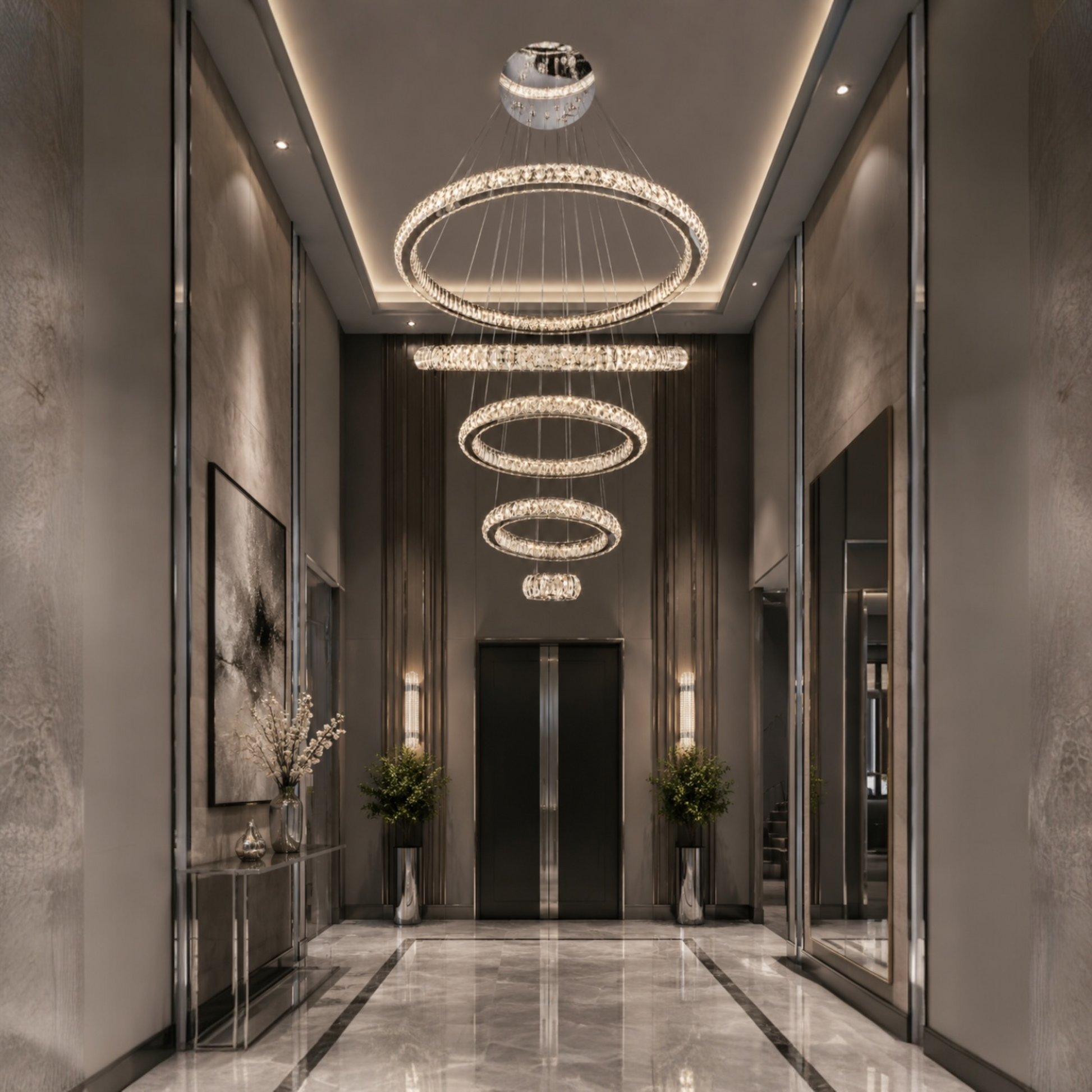 Multi-ring crystal chandelier illuminating elegant double-height entryway
