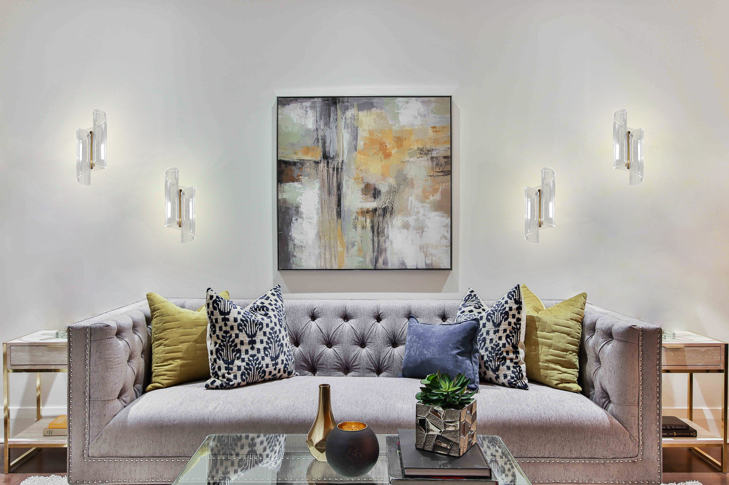 curved-gold acrylic-wall-sconce in living room 