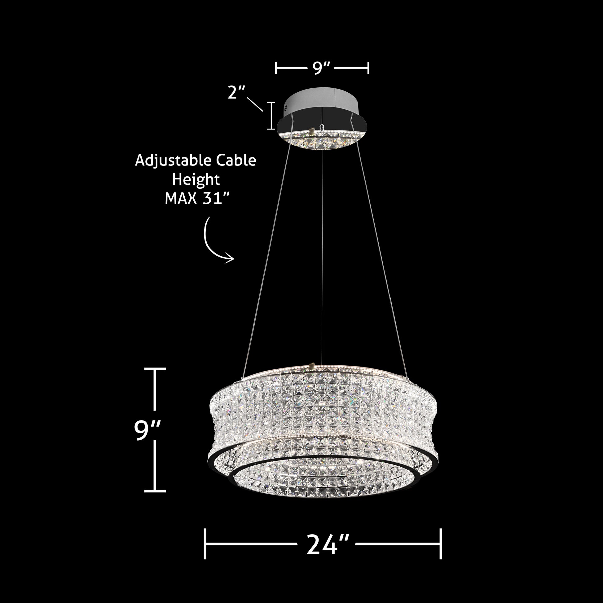 Technical dimensions of 24-inch crystal LED chandelier with adjustable cable height and width.