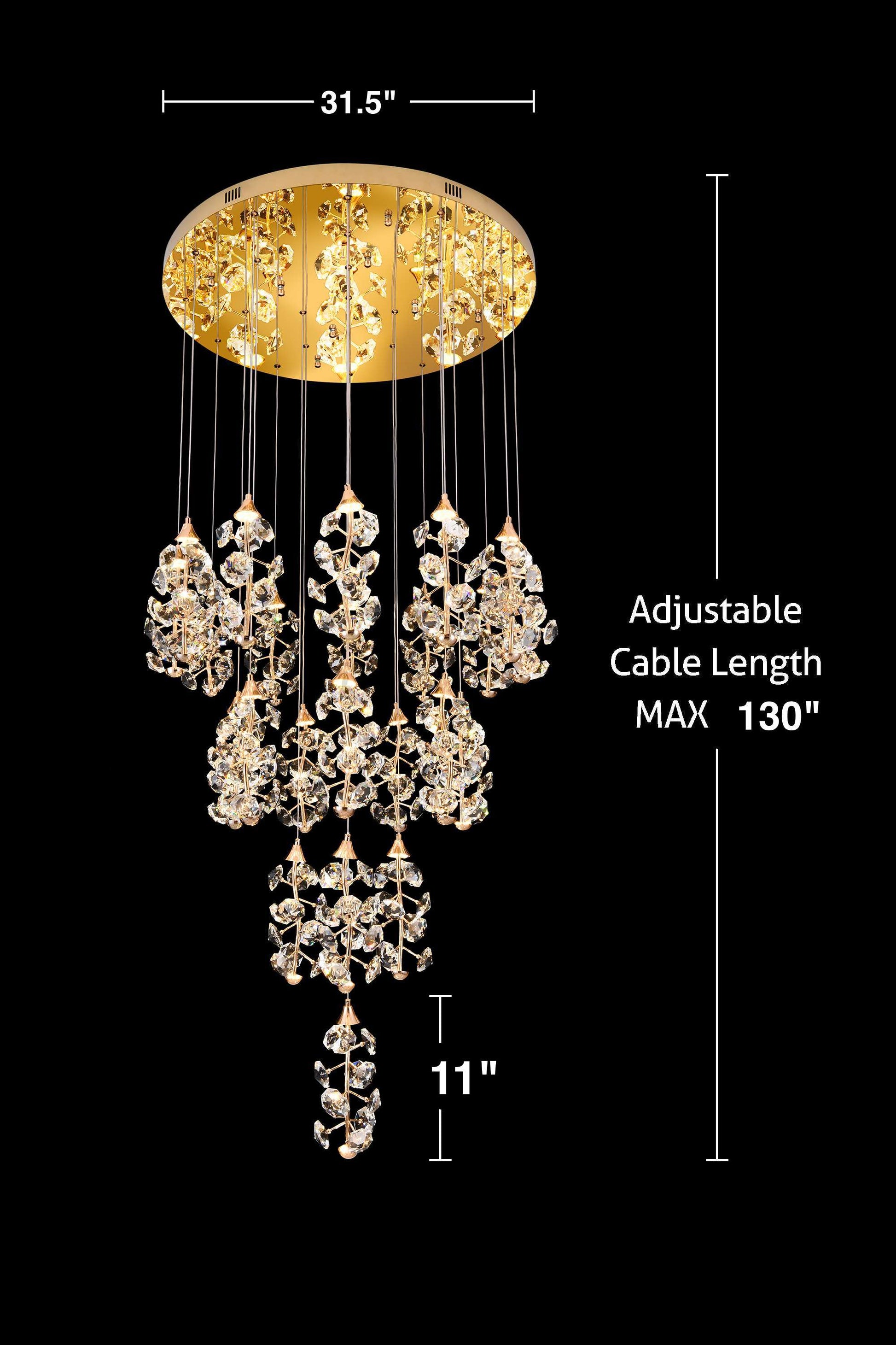 dimensions of 23 light gold modern cascading LED crystal chandelier
