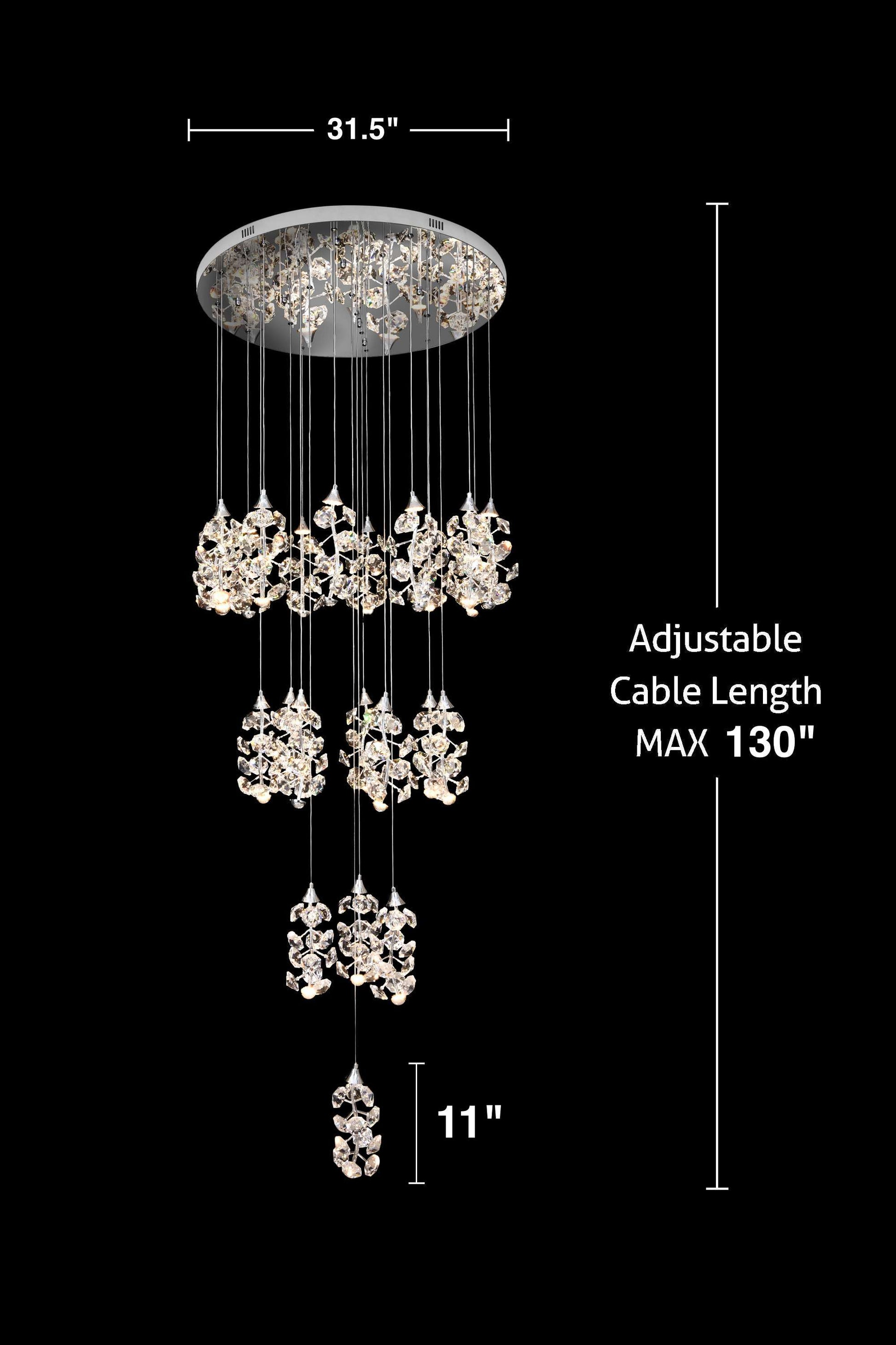 Dimensions of 23-light modern cascading LED crystal chandelier