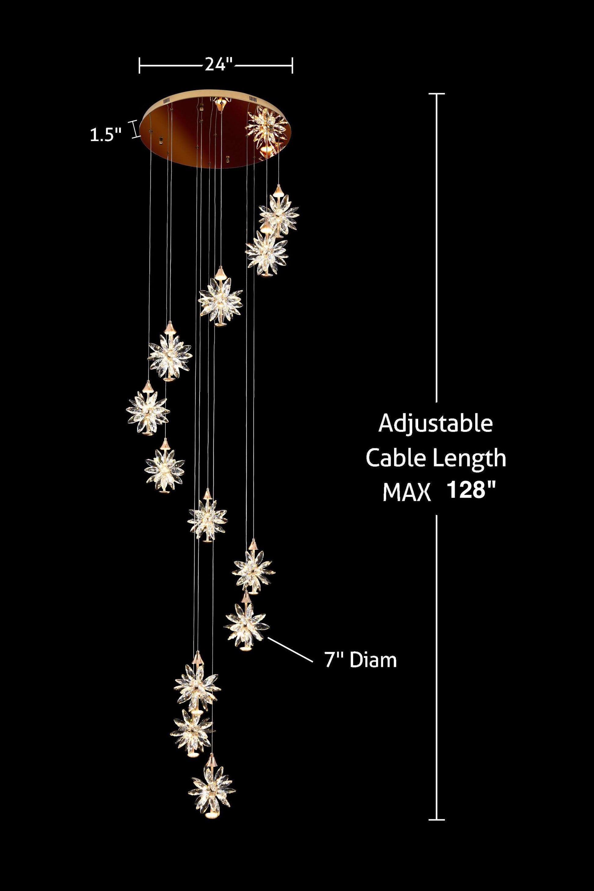 Dimensions of 12 light modern spiral gold LED crystal chandelier

