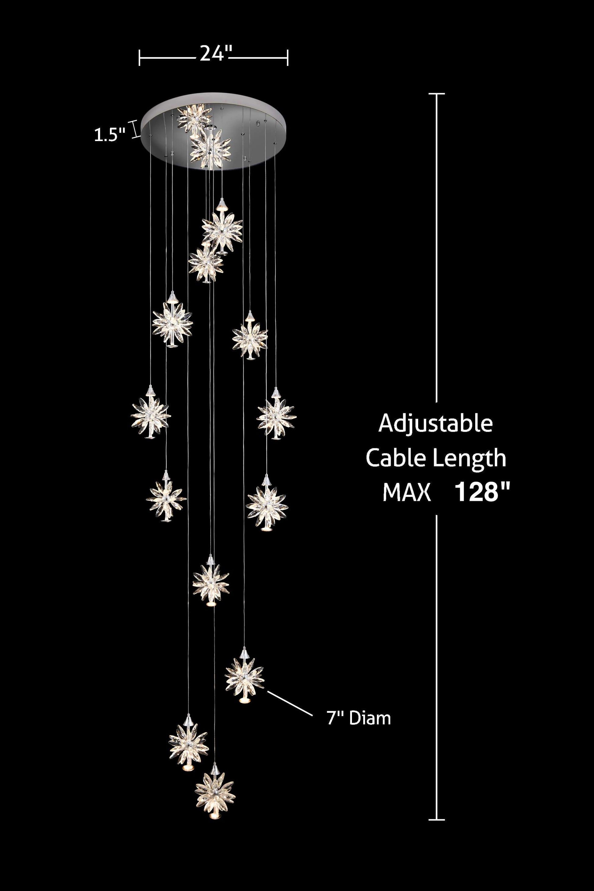 Dimensions of 12-light modern spiral LED crystal chandelier