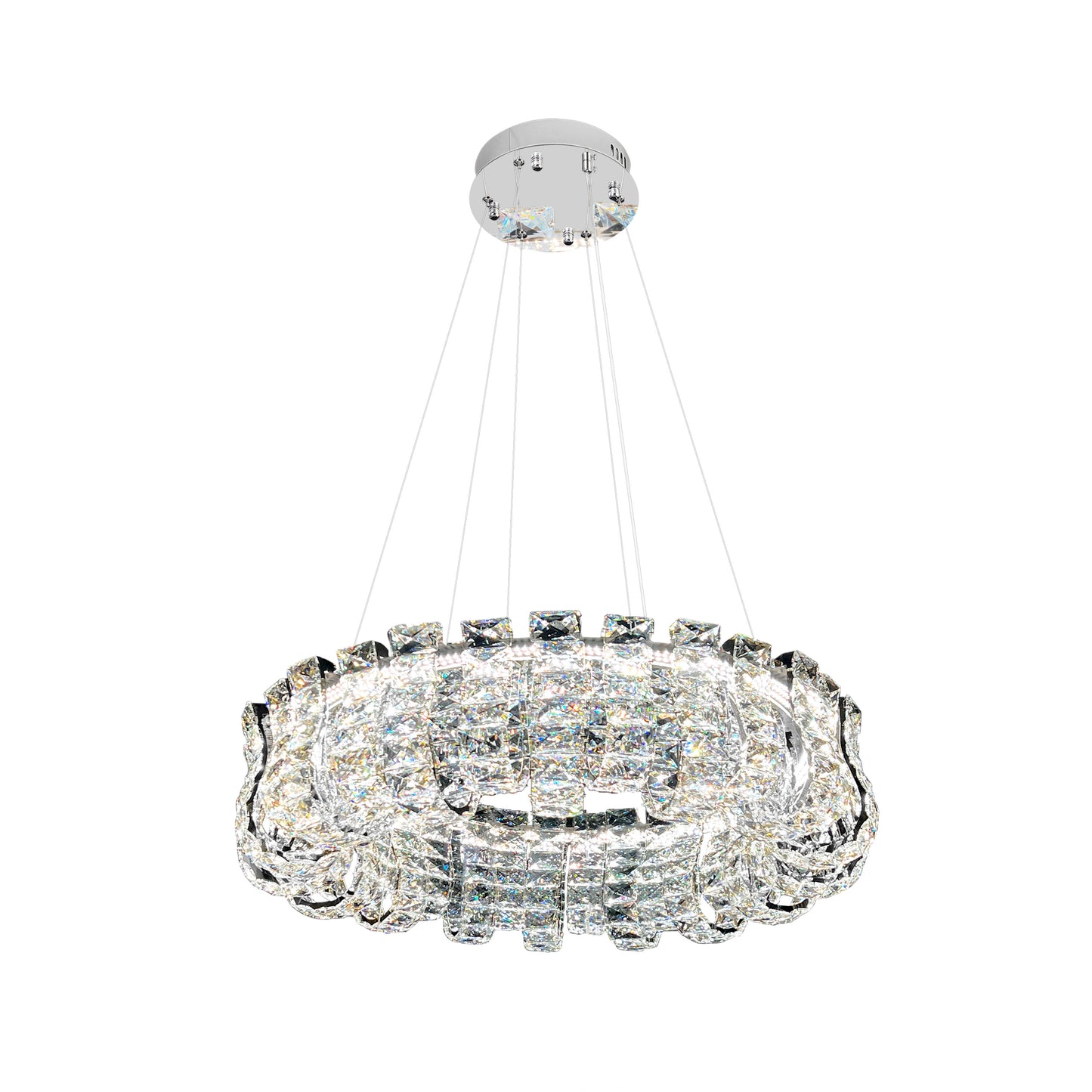 Modern round dimmable chrome crystal chandelier with integrated LED light, shown on white background.