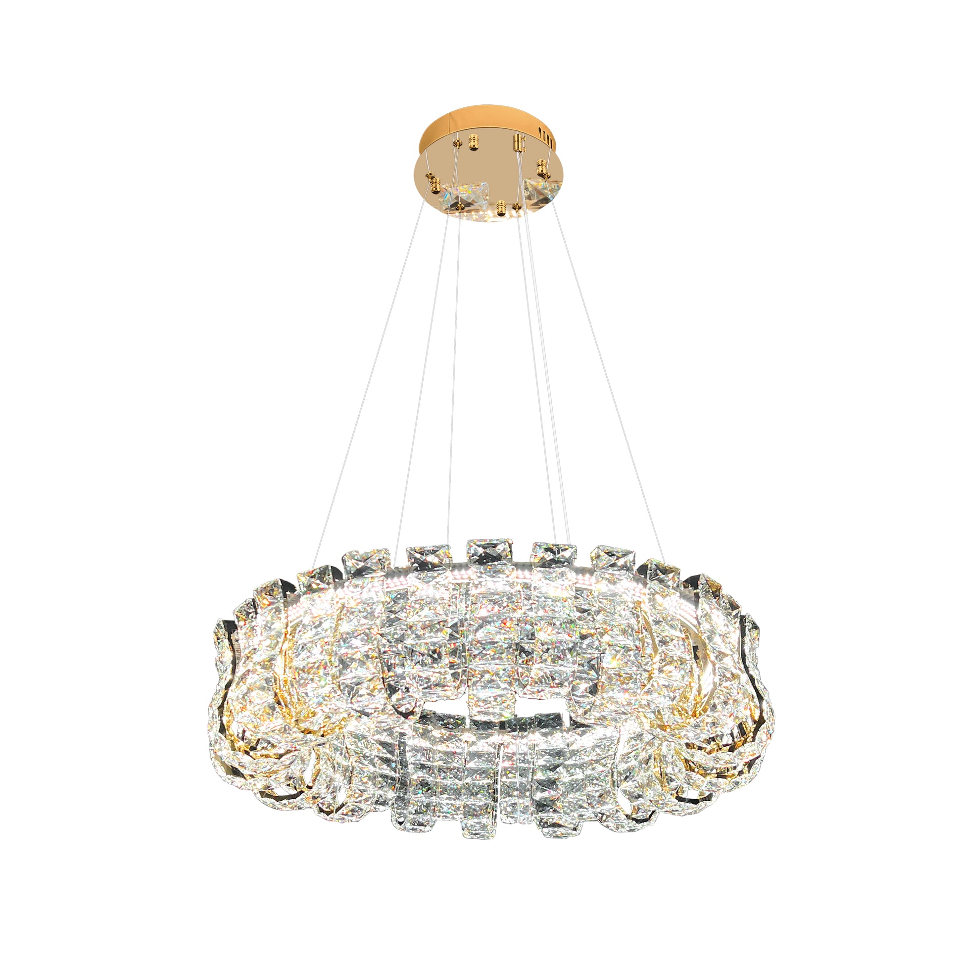 Modern round dimmable gold crystal chandelier with integrated LED light, shown on white background.