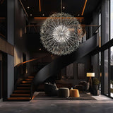 Dimmable modern starburst crystal chandelier illuminating luxury entryway
