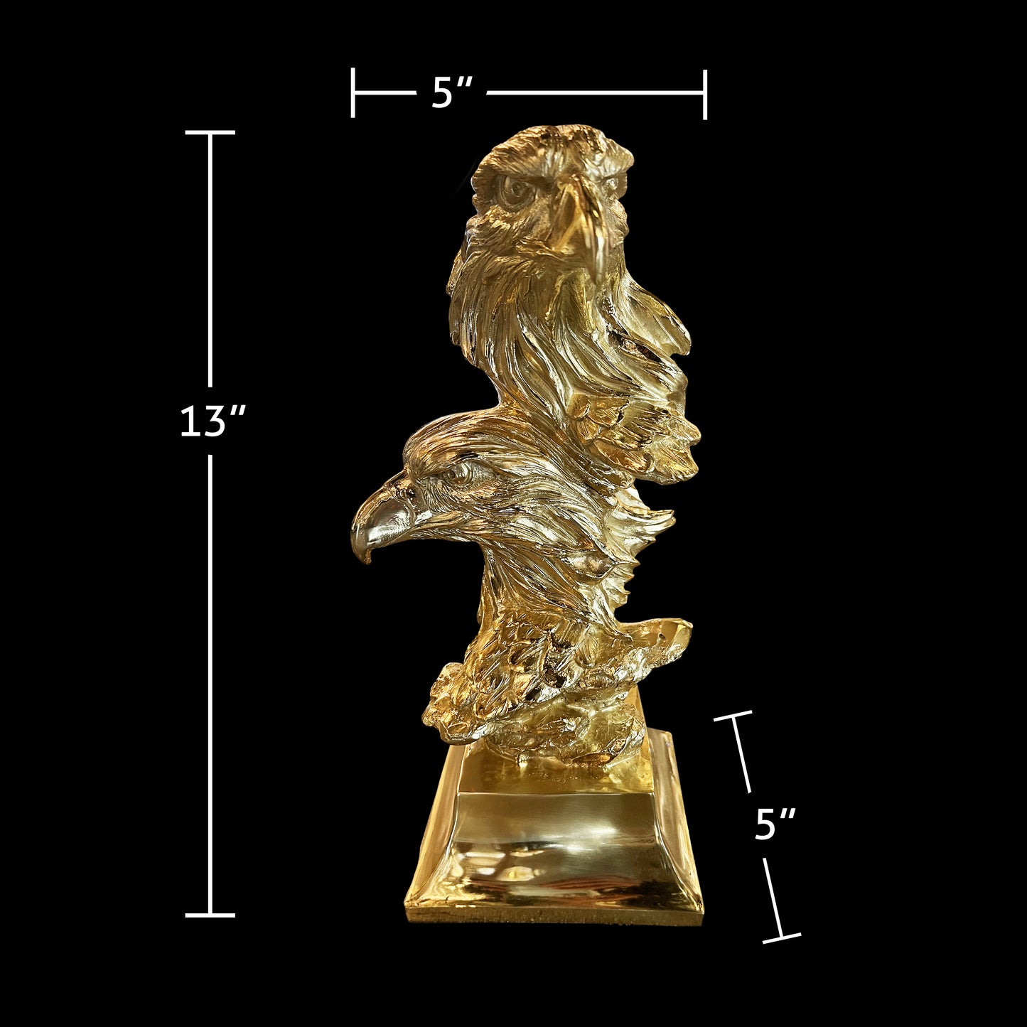 Dimension chart for the brass eagle sculpture: 13 inches height, 5 inches base width, and 5 inches base depth.